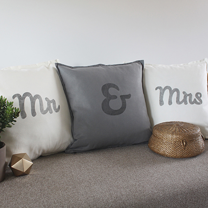 Mr and Mrs hipster style cushion set grey and white vintage hand print can be personalized