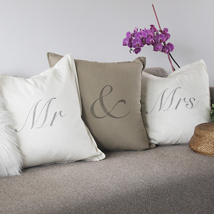 elegant mr and mrs throw pillows hand printed on quality cushions that can be customzed with names and date