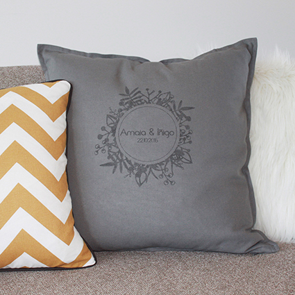 grey custom name and date vintage style cushion with plant wreath hand printed