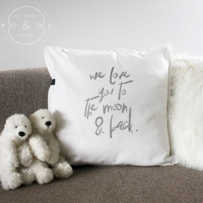 we love you to the moon and back cushion hand printed