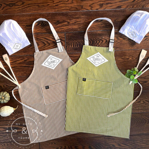 Unique personalised quality aprons with Mr and Mrs custom tags handprinted with chef hats and tools