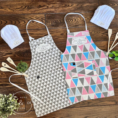 Unique personalised quality aprons with Mr and Mrs cooking together quote and date