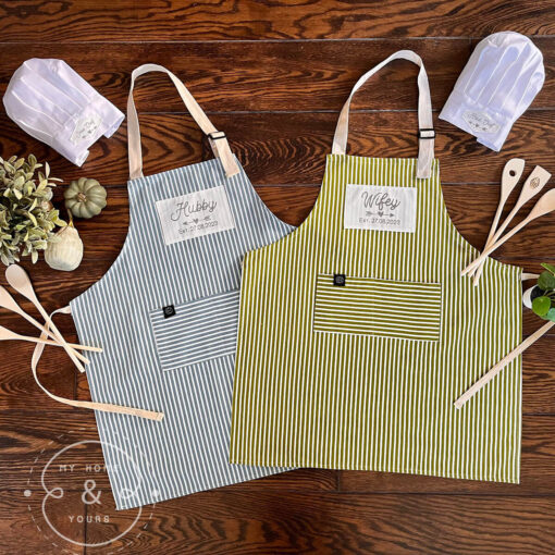 Unique personalised quality aprons with handprinted Hubby and Wifey tag by My Home and Yours