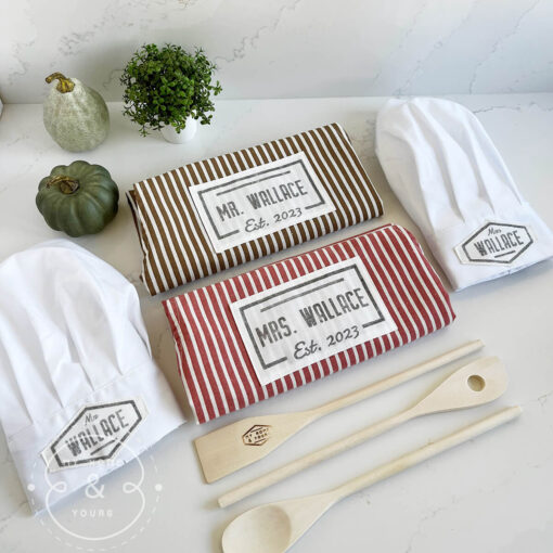 Unique personalised quality aprons Matching with chef hats for the wedding couple or as engagement gift