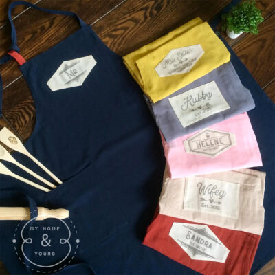 Unique personalised quality aprons in premium size linen for couples matching styles