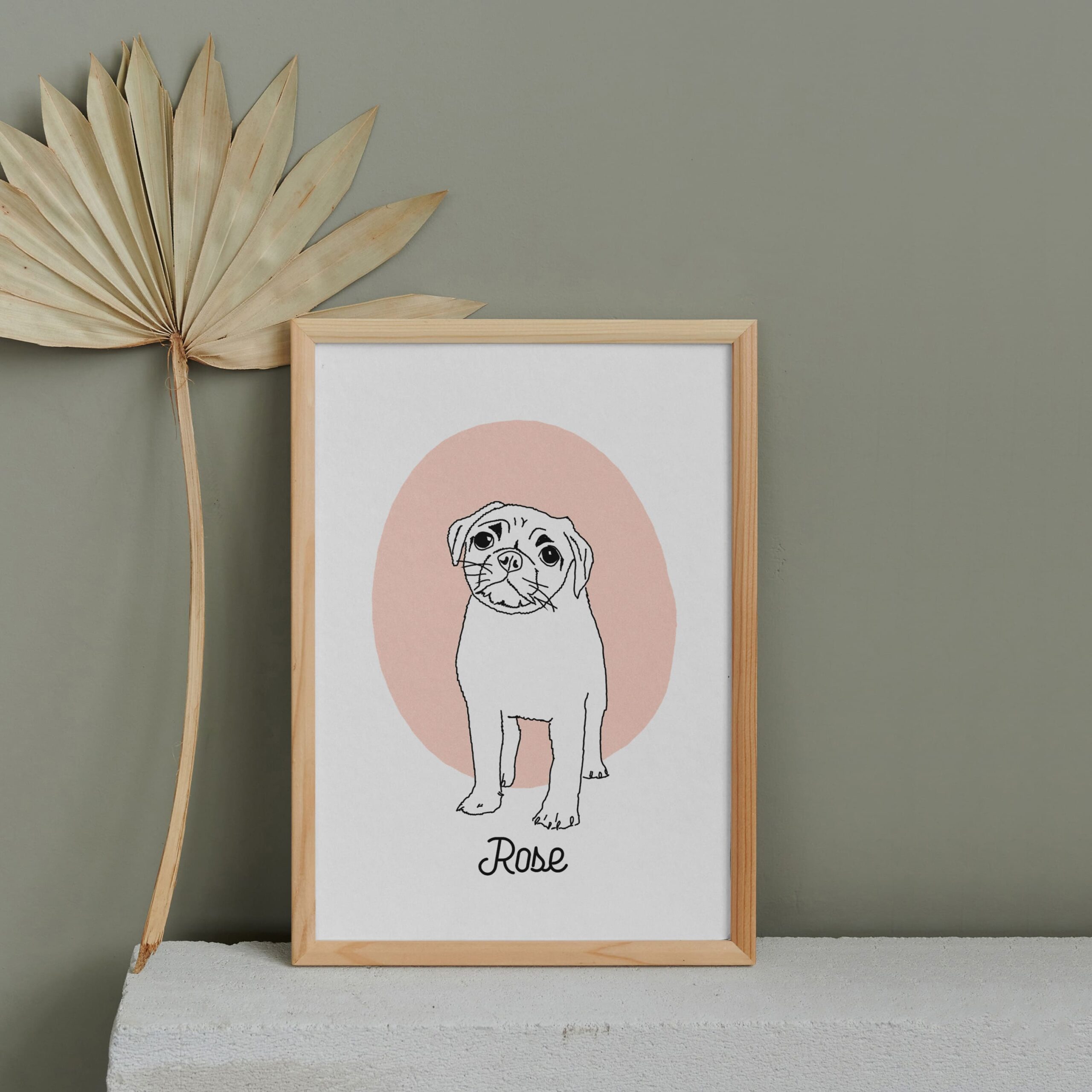dog line art portrait illustration and name a minimal custom piece of wall art