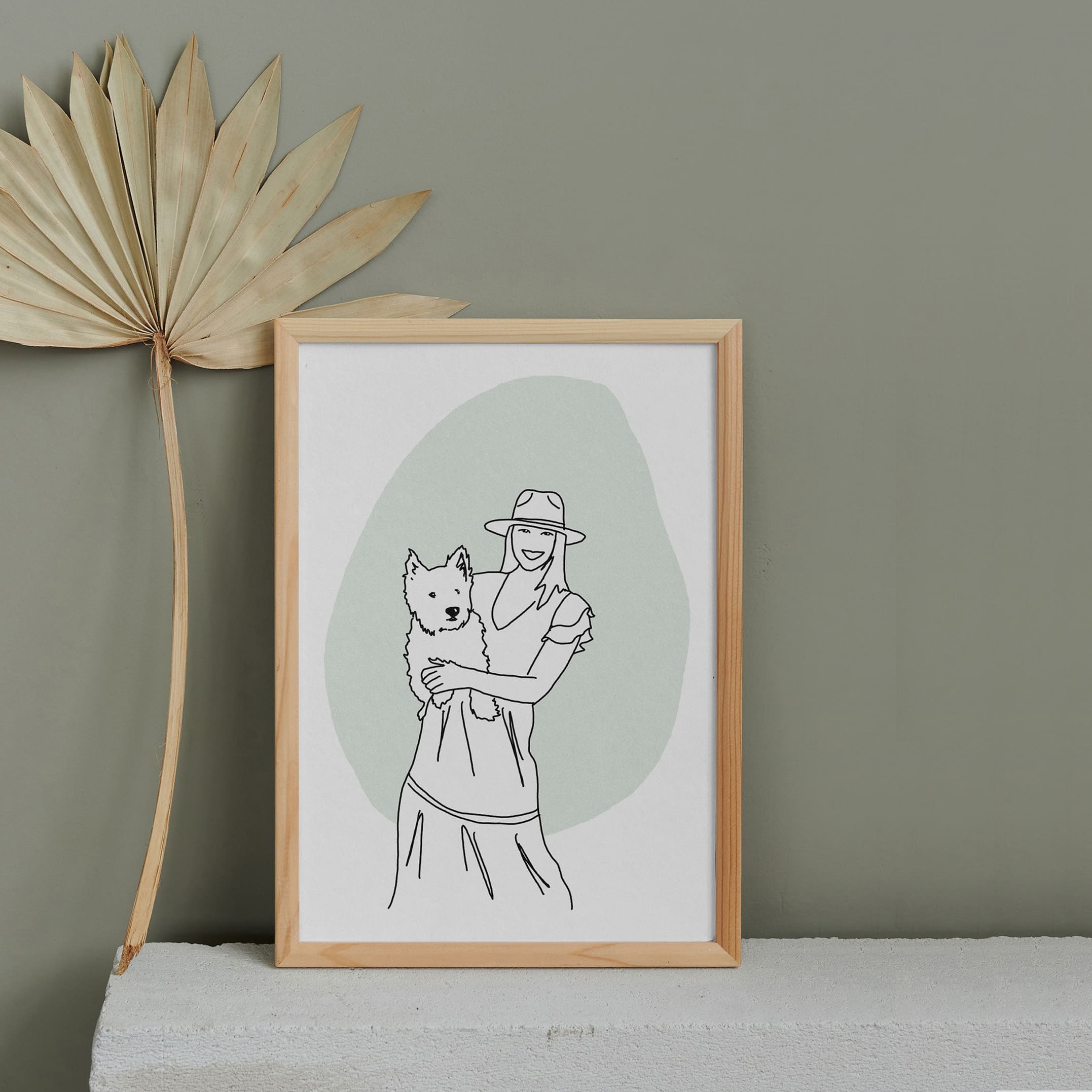 custom wall art with minimal line portrait illustration of you and your dog and color back ground
