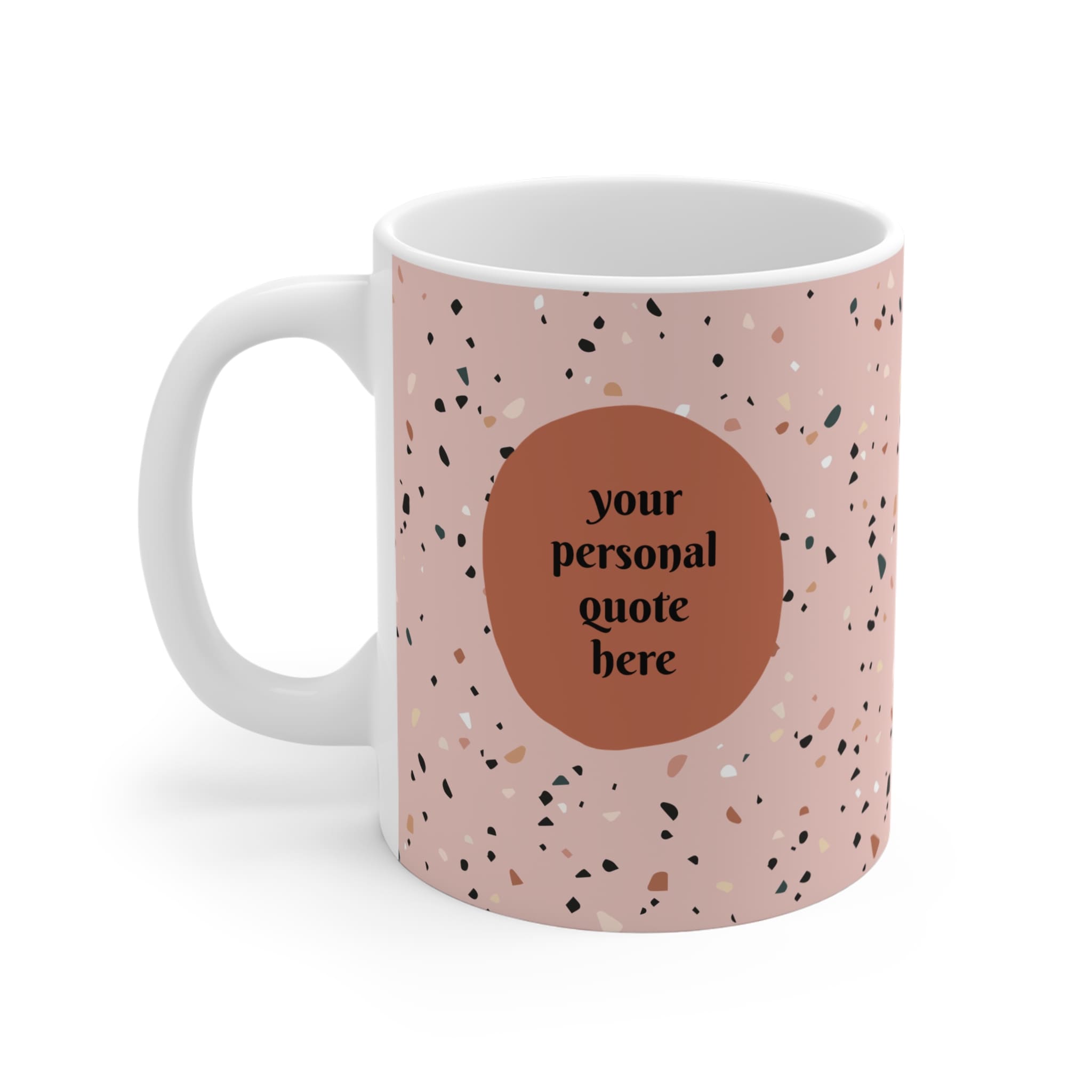 fashionable designer mug with custom quote and portrait illustration line art style on light pink terrazzo pattern