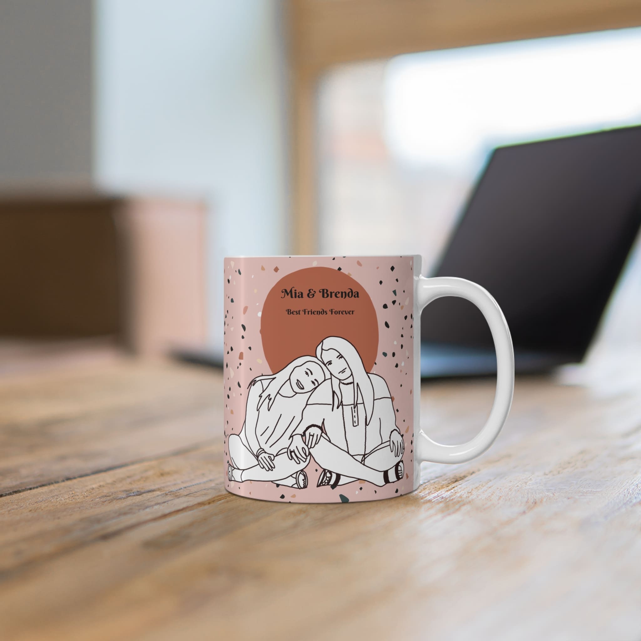 custom line art mug for best friends with portrait illustration from photo on fashion colored terrazzo back ground contemporary design style 