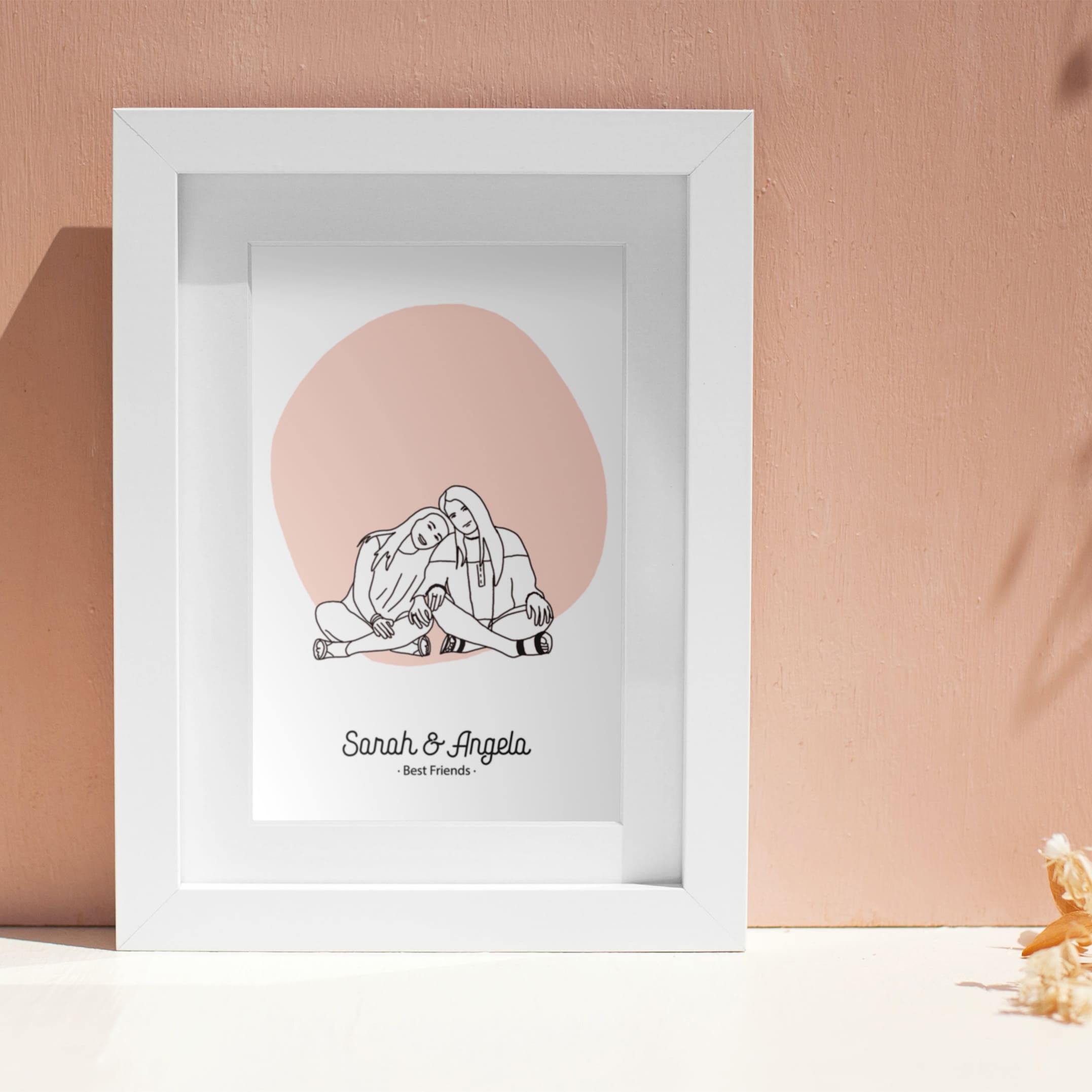 Best friends portrait illustration from photo in line art style as keep sake wall art with names date and quote
