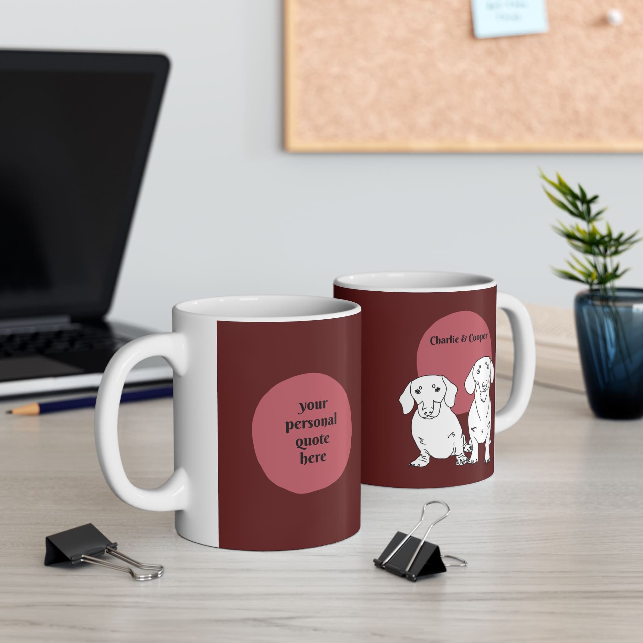 custom fashion mug withh dogs line portrait illustration on color blocking berry back ground