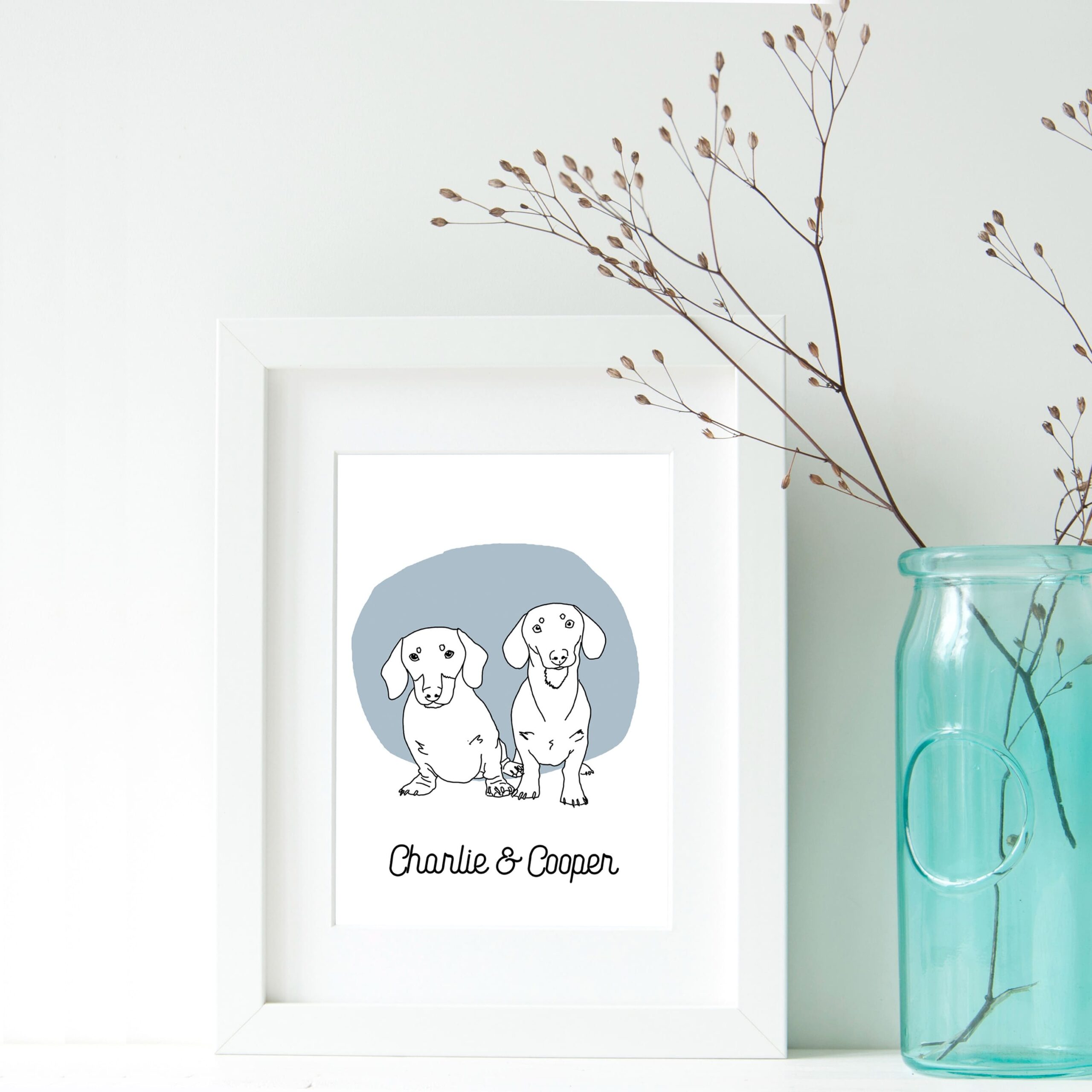 custom pet portrait with their names in fashion line art illustration style and color background of your choice