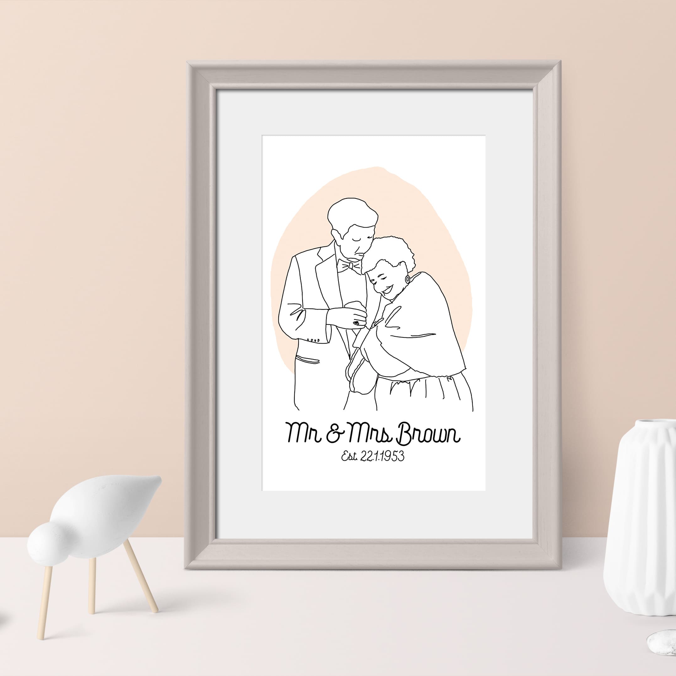 50s wedding anniversary portrait in minimal line art style with names and date as wall decor and keepsake
