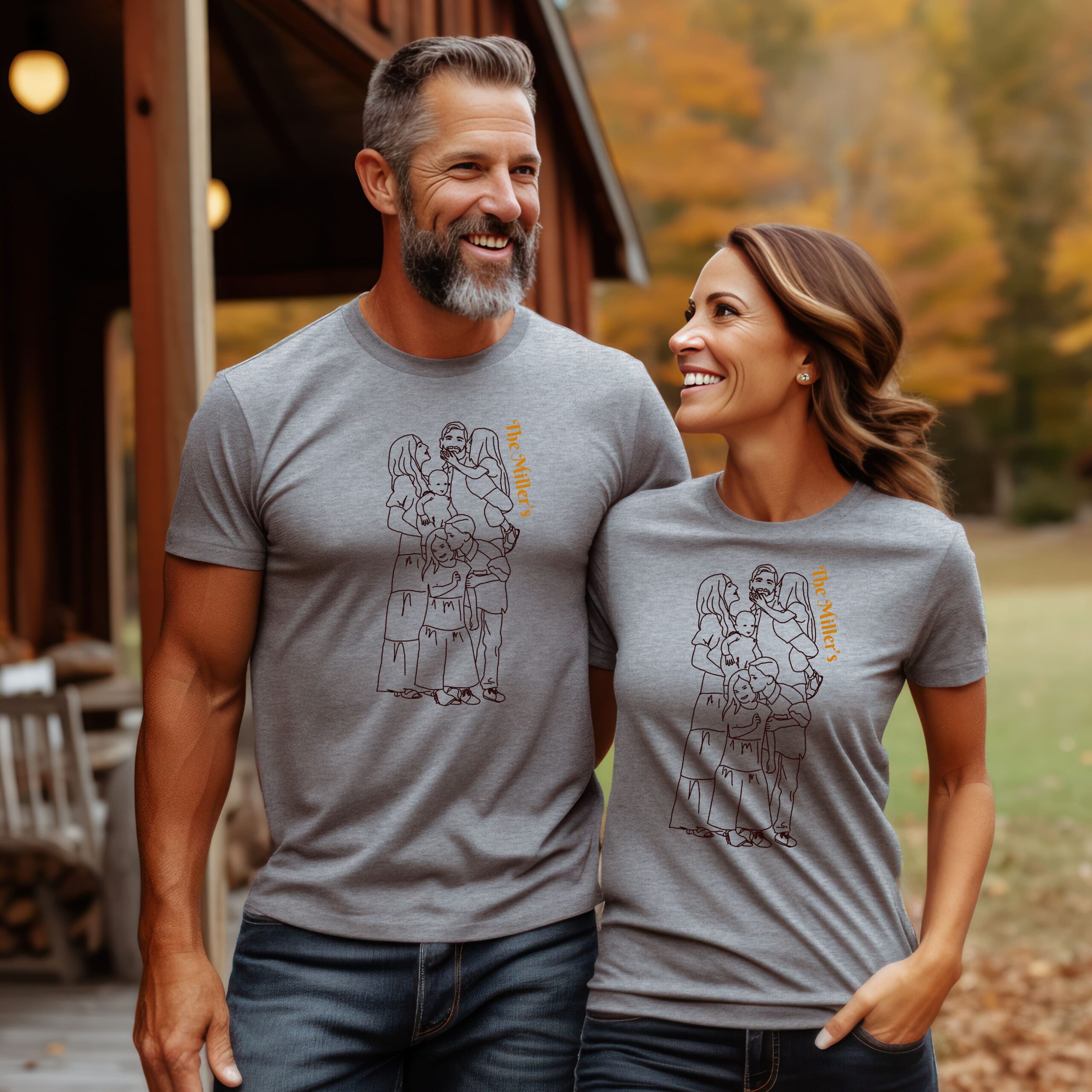 couple in matching family line portrait Tshirts as mothers day and fathersday gift