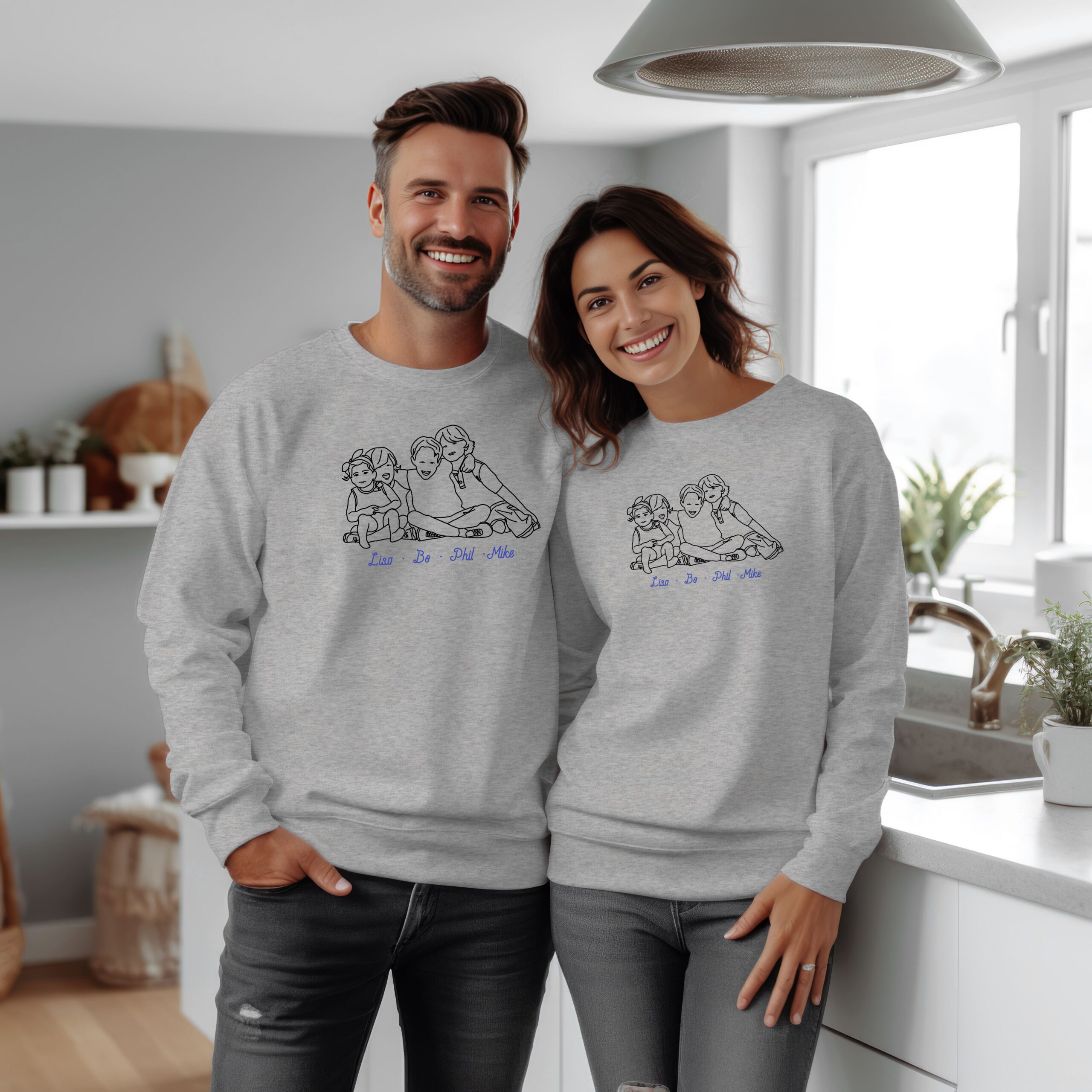 Custom matching crew neck sweatshirts for mom and dad with line art portrait of the kids and their names ideal gift