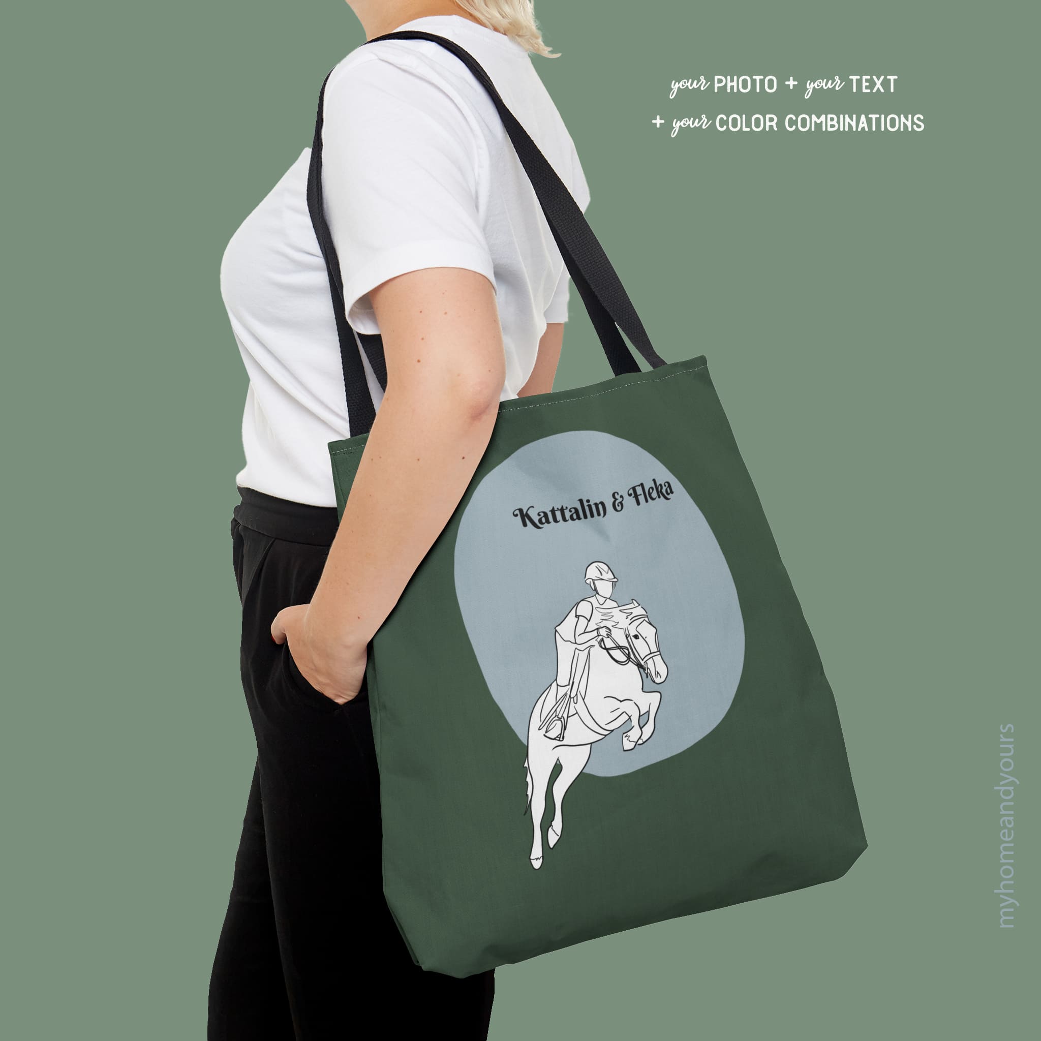 Custom horse girl tote bag with line portrait illustration of girl and horse on color blocking back ground and names of horse and name
