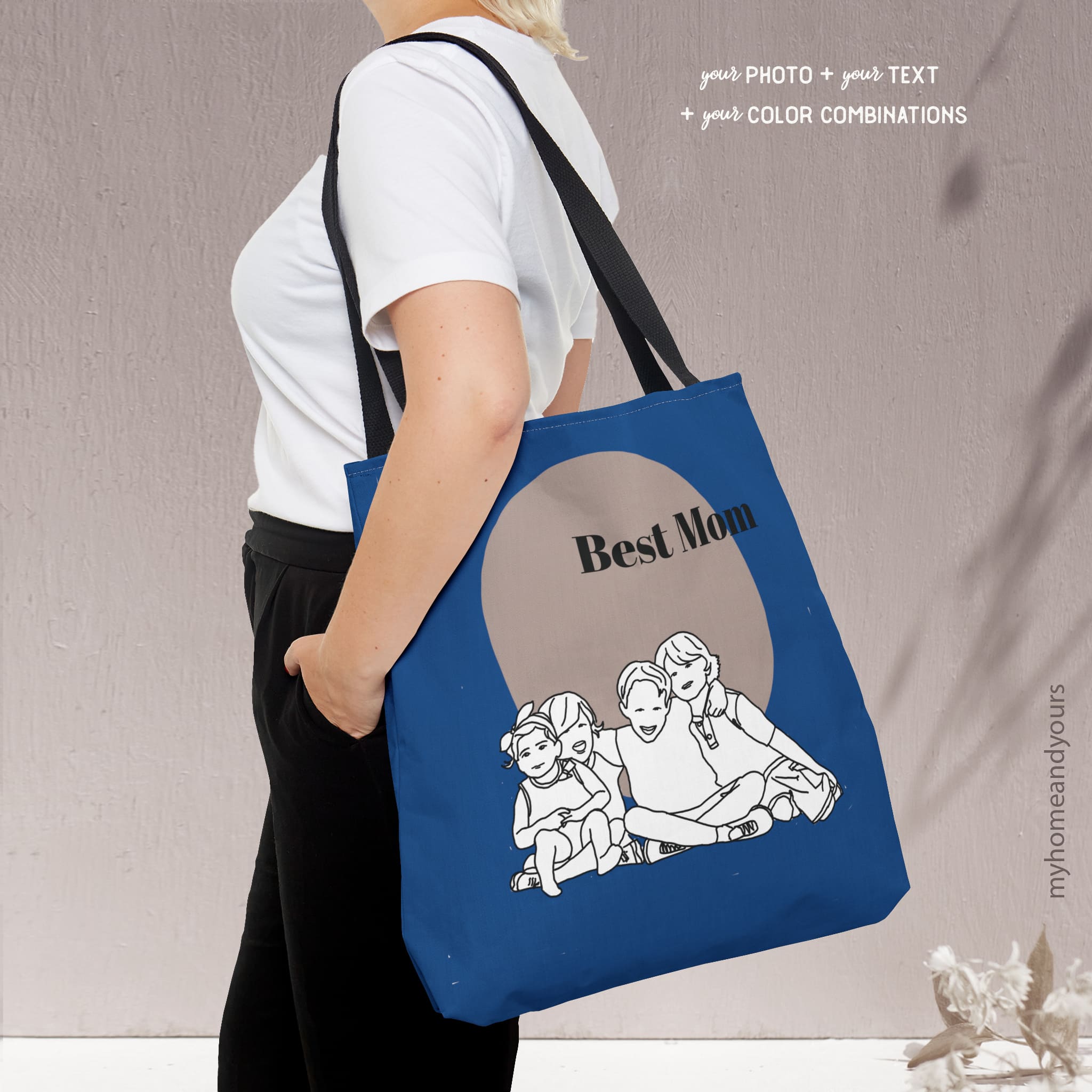 Custom illustrated tote bag for the best mom with line art portrait illustration of your kids on colorful colorblocking or terrazzo patterned background