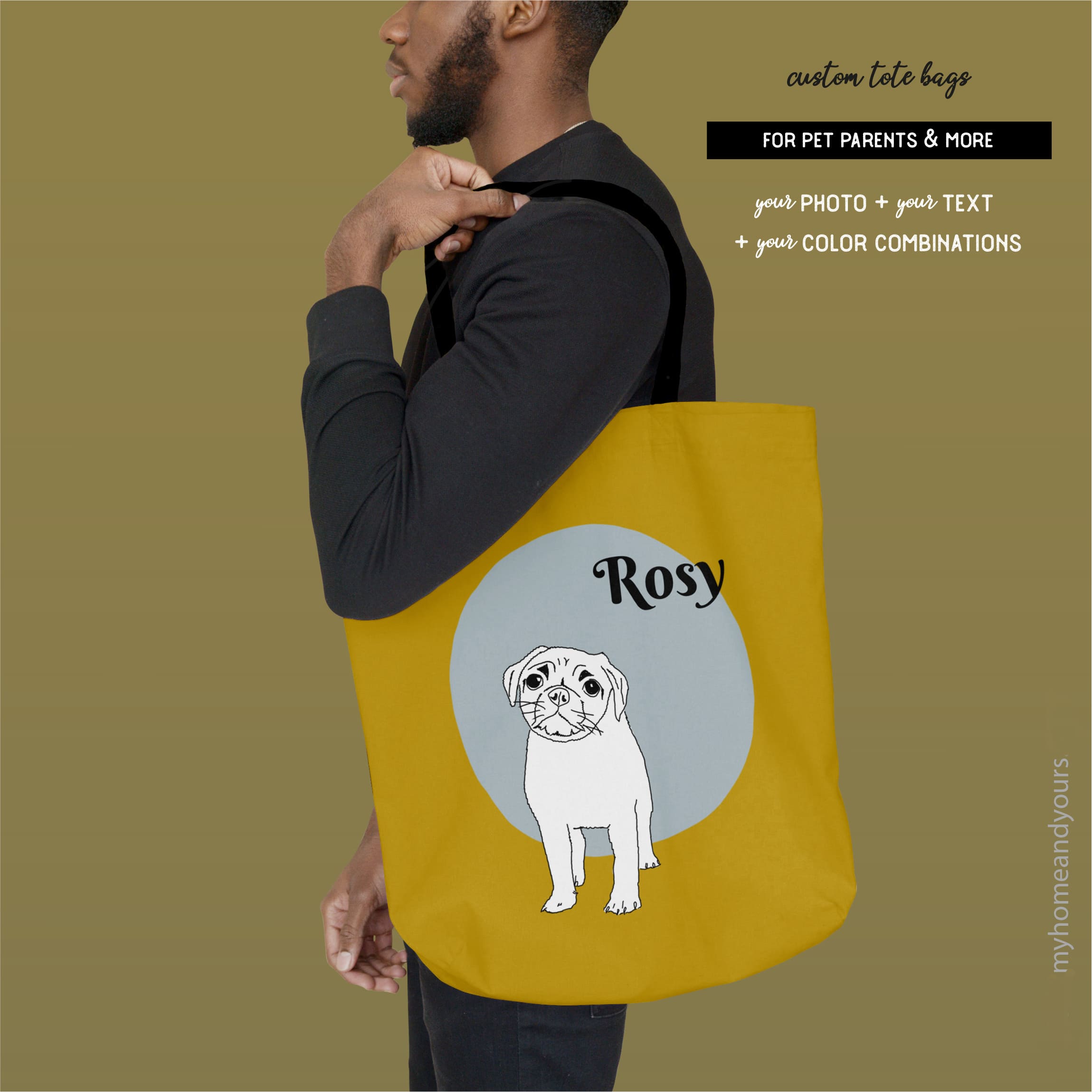 Custom line art portrait illustration of your dog on a quality tote bag for men or women with fashionable color blocking back ground or terrazzo pattern