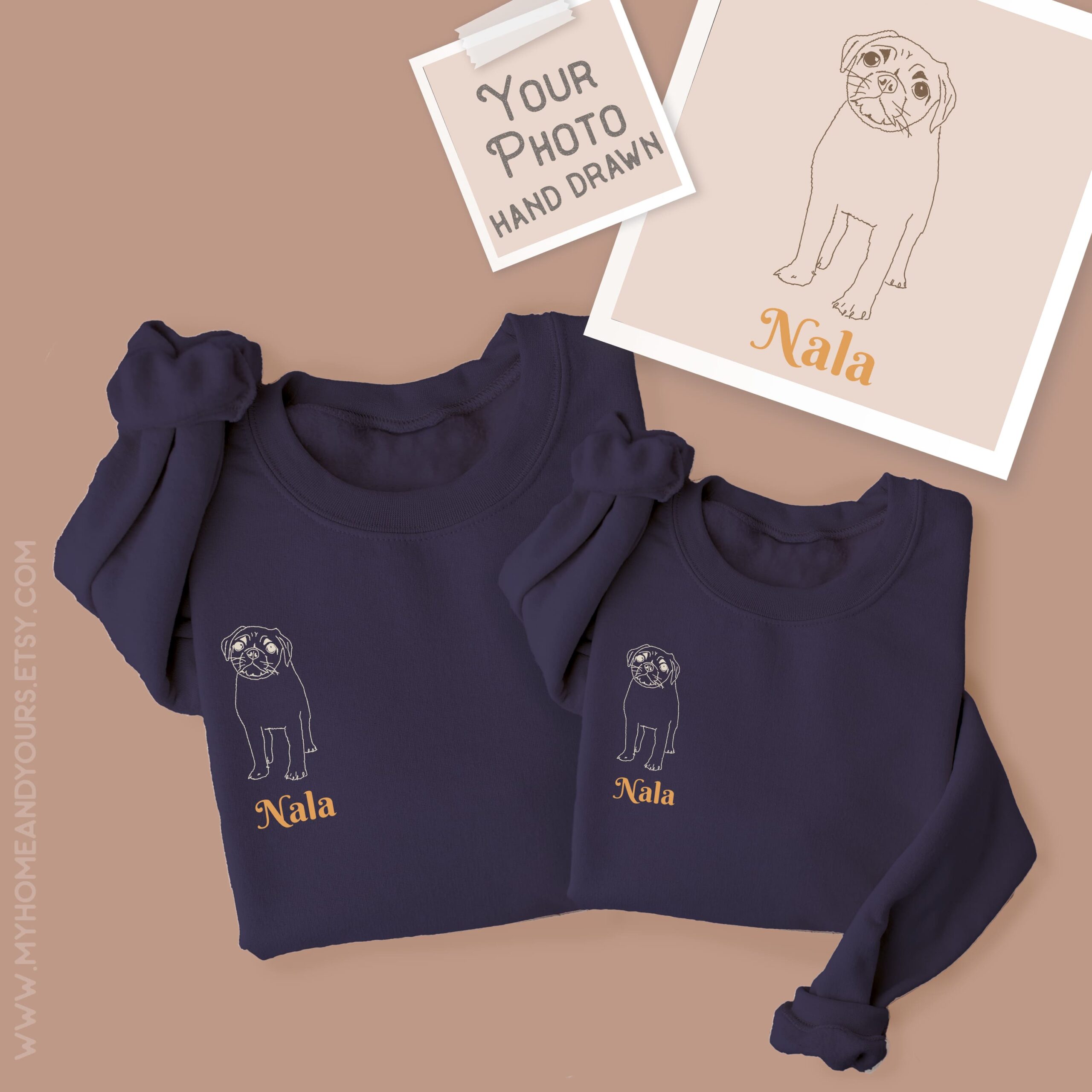 Daddy and me Mommy and me sweatshirts with custom line drawing portrait of pet with their name