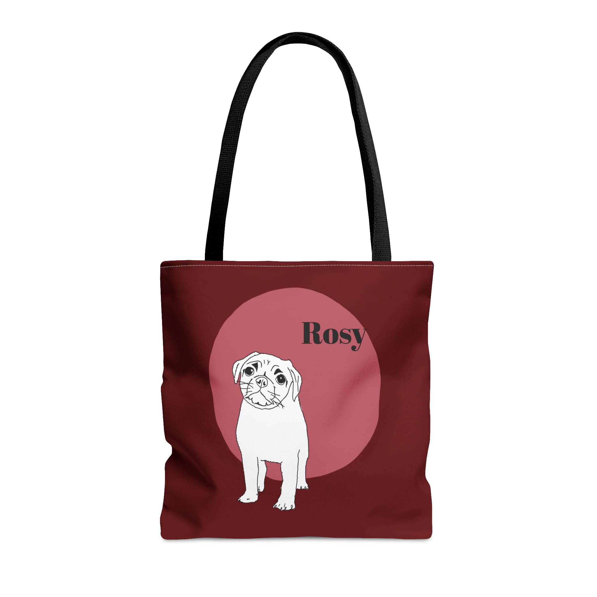 custom fashion tote bag in berry colors and line art portrait of your dog for pet moms and dads