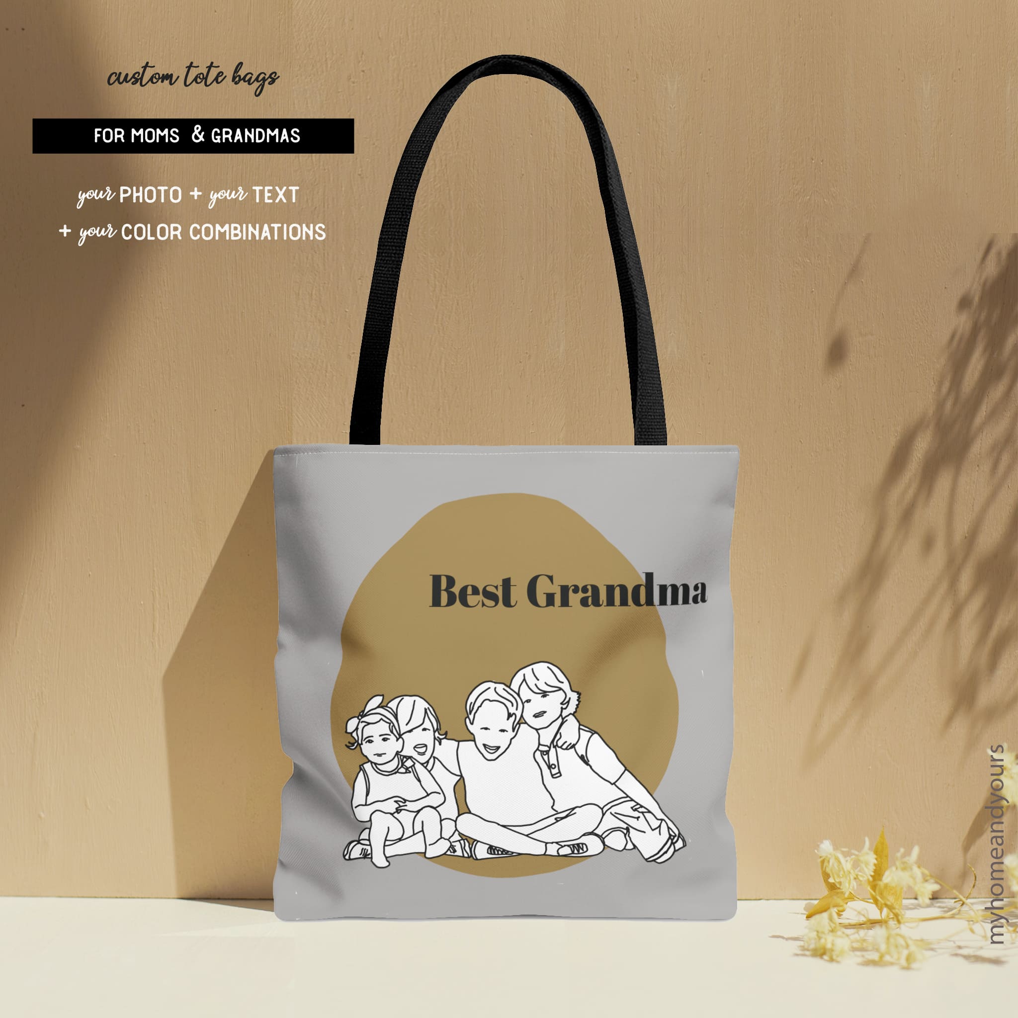 Fashionable custom tote bag for the best grandma with line portrait of the grandchildren