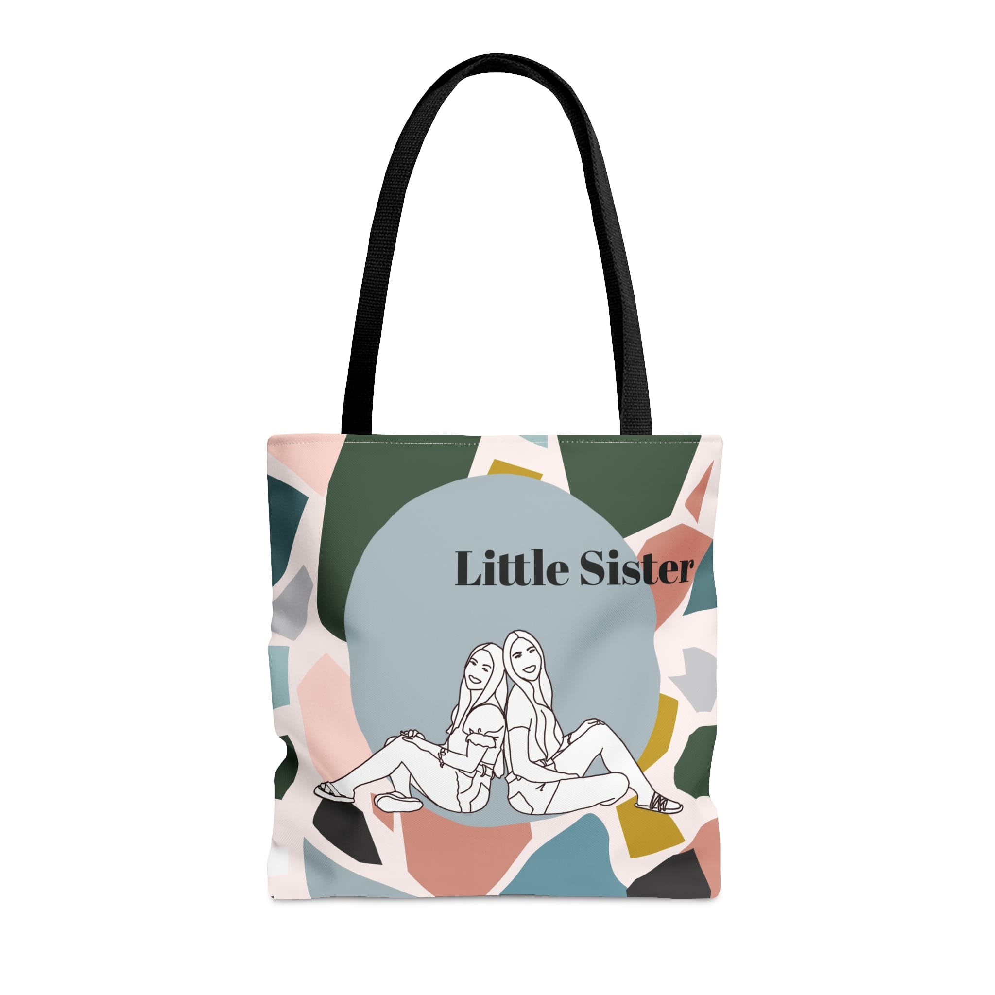 Custom line portrait of sisters bag with names colourful terrazzo patterned back ground 