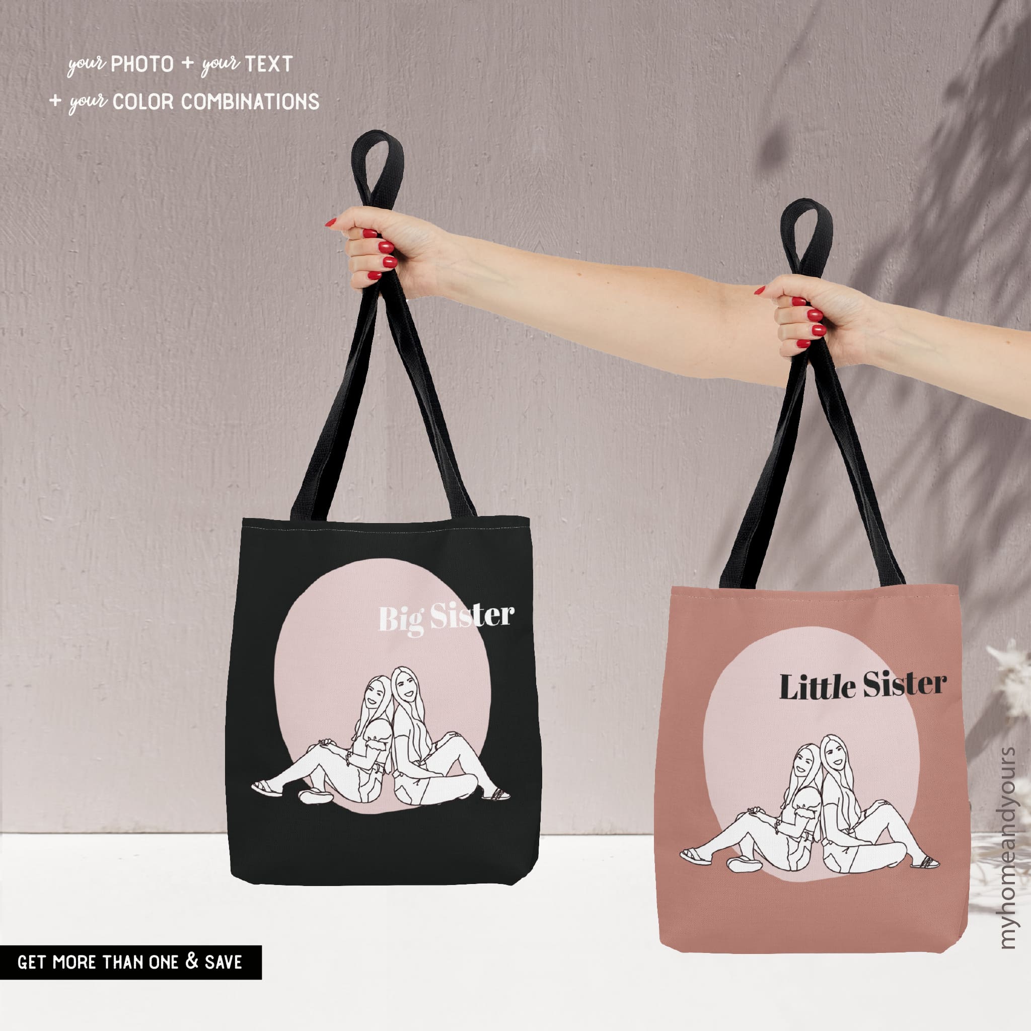 Matching custom tote bags for big and small sister  friends or teams on colorful terrazzo patterned background or color blocking with your names and own quote or text_