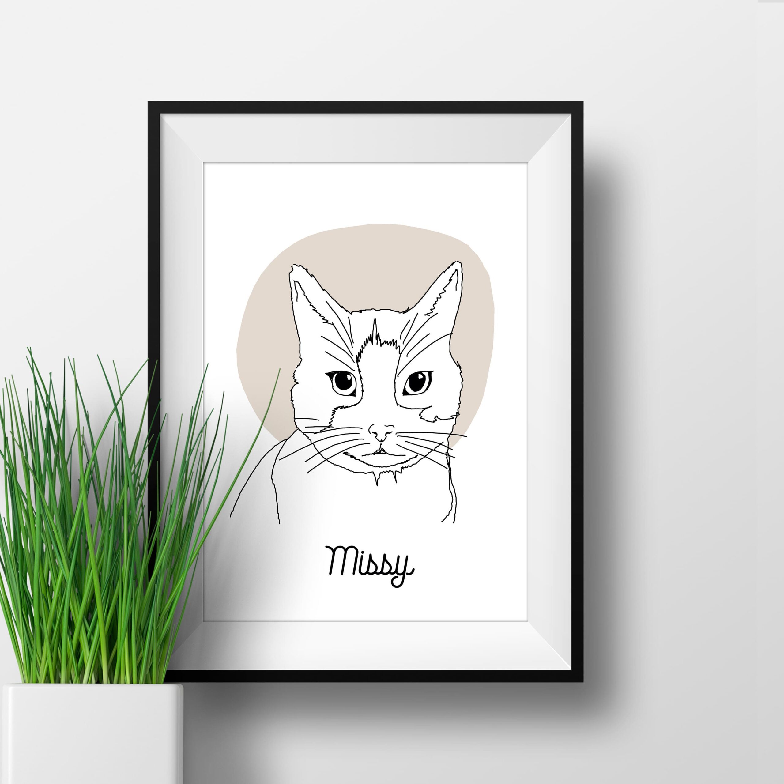 Minimalist custom cat portrait in line art style with name