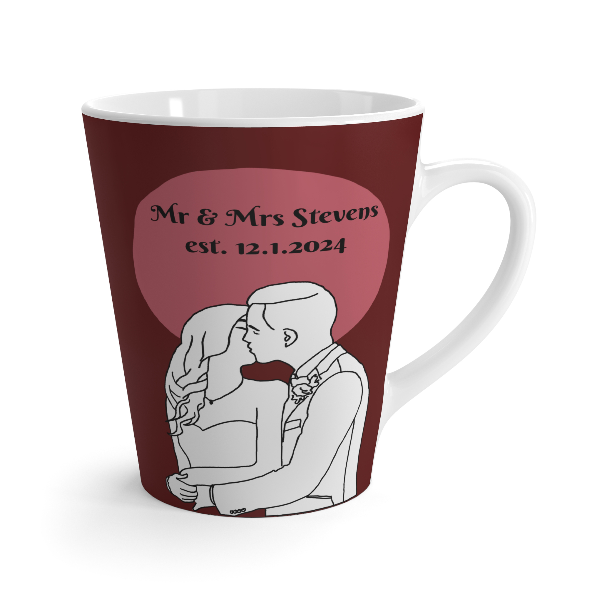 kissing wedding couple line art portrait illustration on berry colored mug with name and date