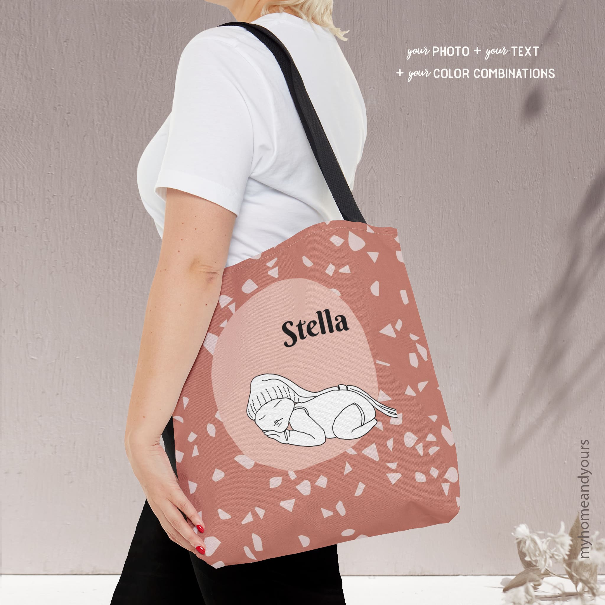New mom custom baby bag personalized with line art portrait illustration from photo of the new baby on colorful back ground and terrazzo pattern
