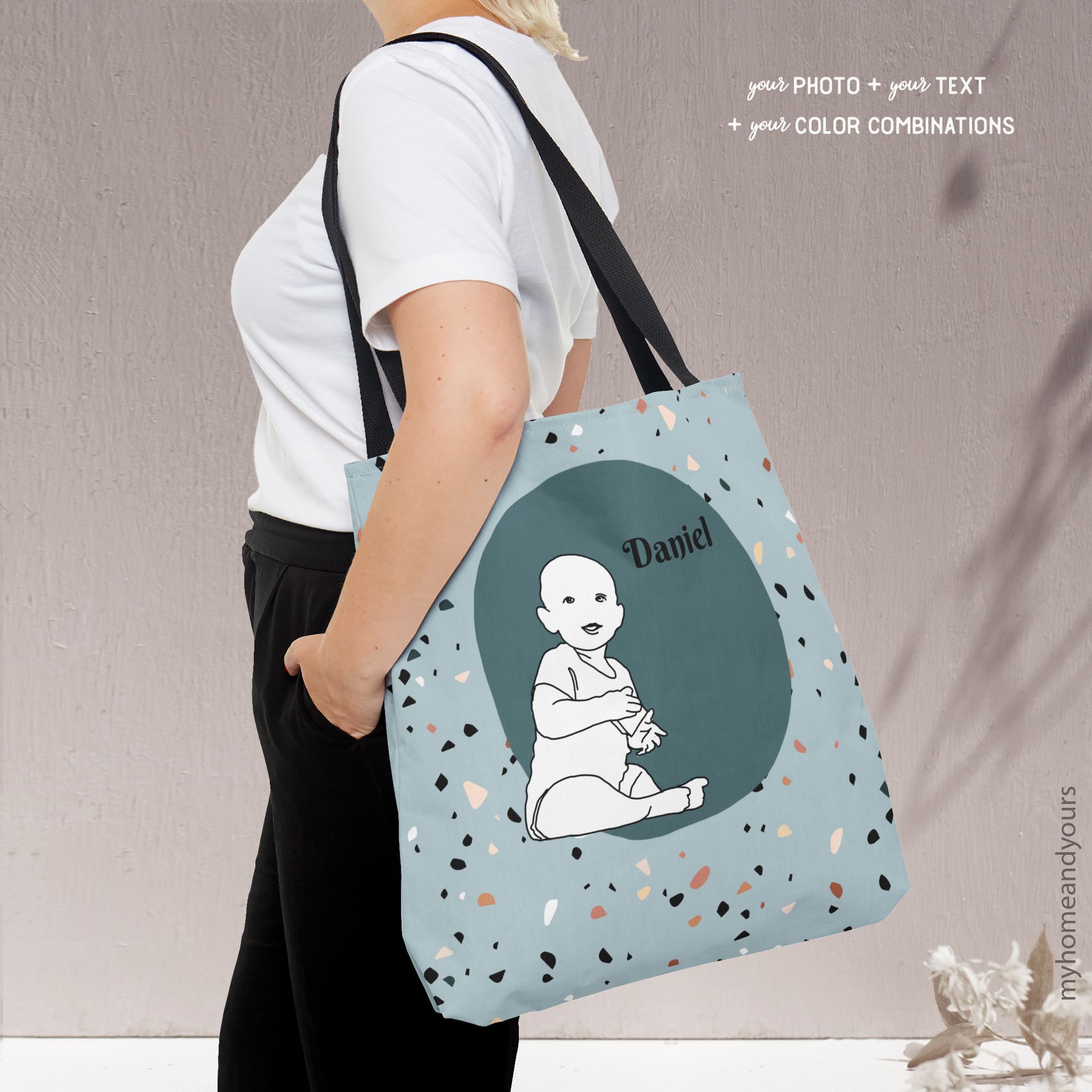 New mom custom baby blue tote bag personalized with line art portrait illustration from photo of the newborn on colorful back ground and terrazzo pattern text