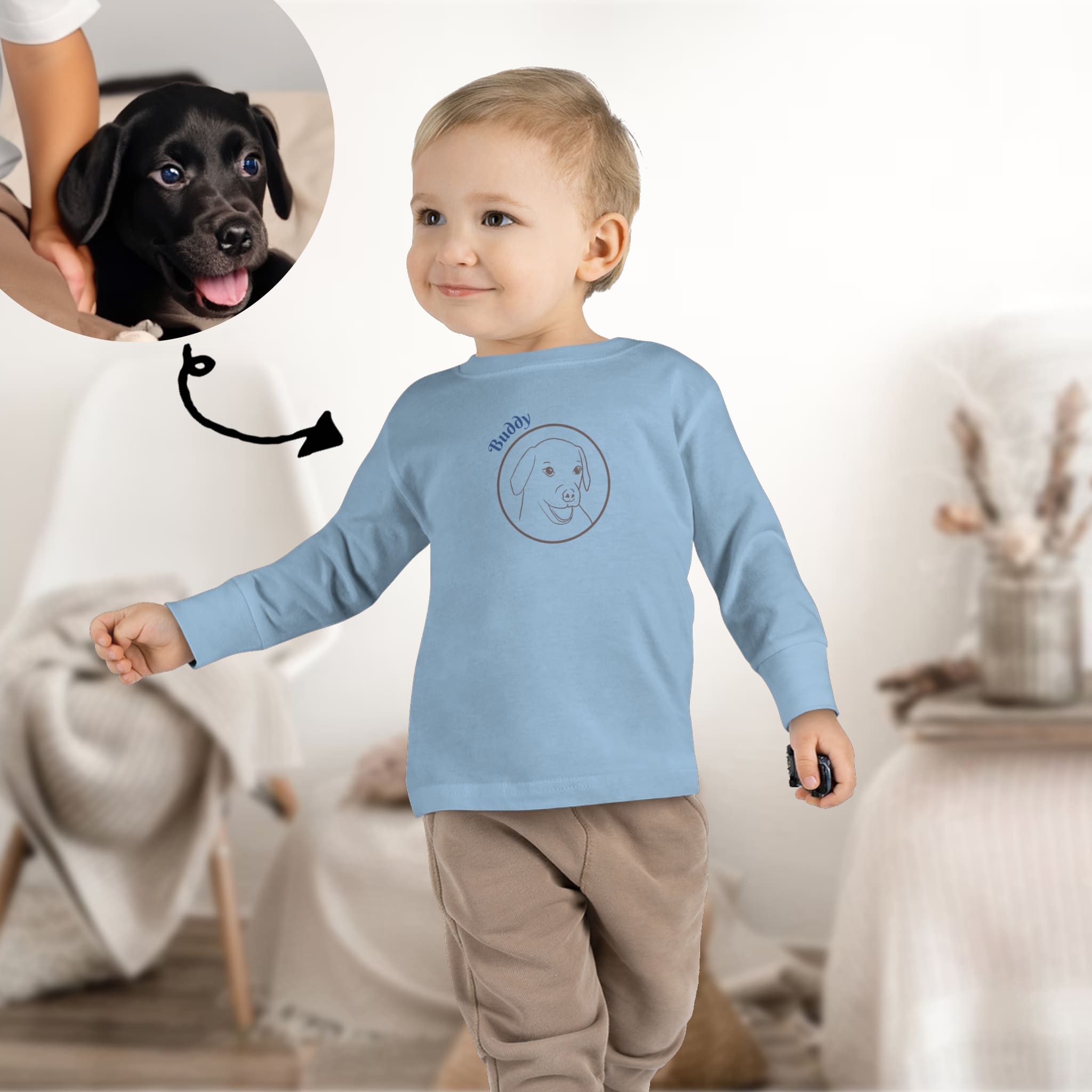 Toddler longsleeve with custom hand drawn logo of your pet in light blue