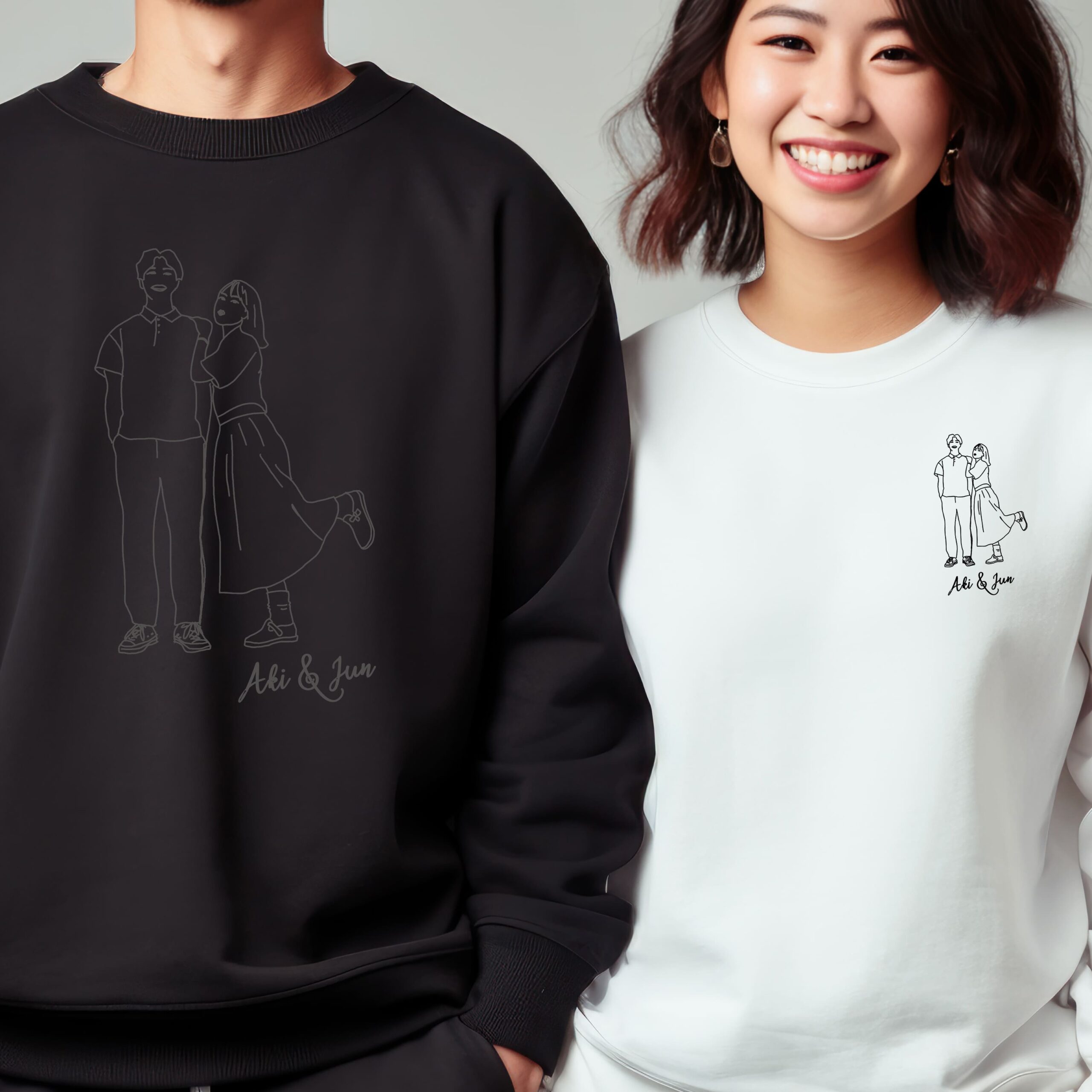 custom mix matching couple line portrait crew neck sweatshirts
