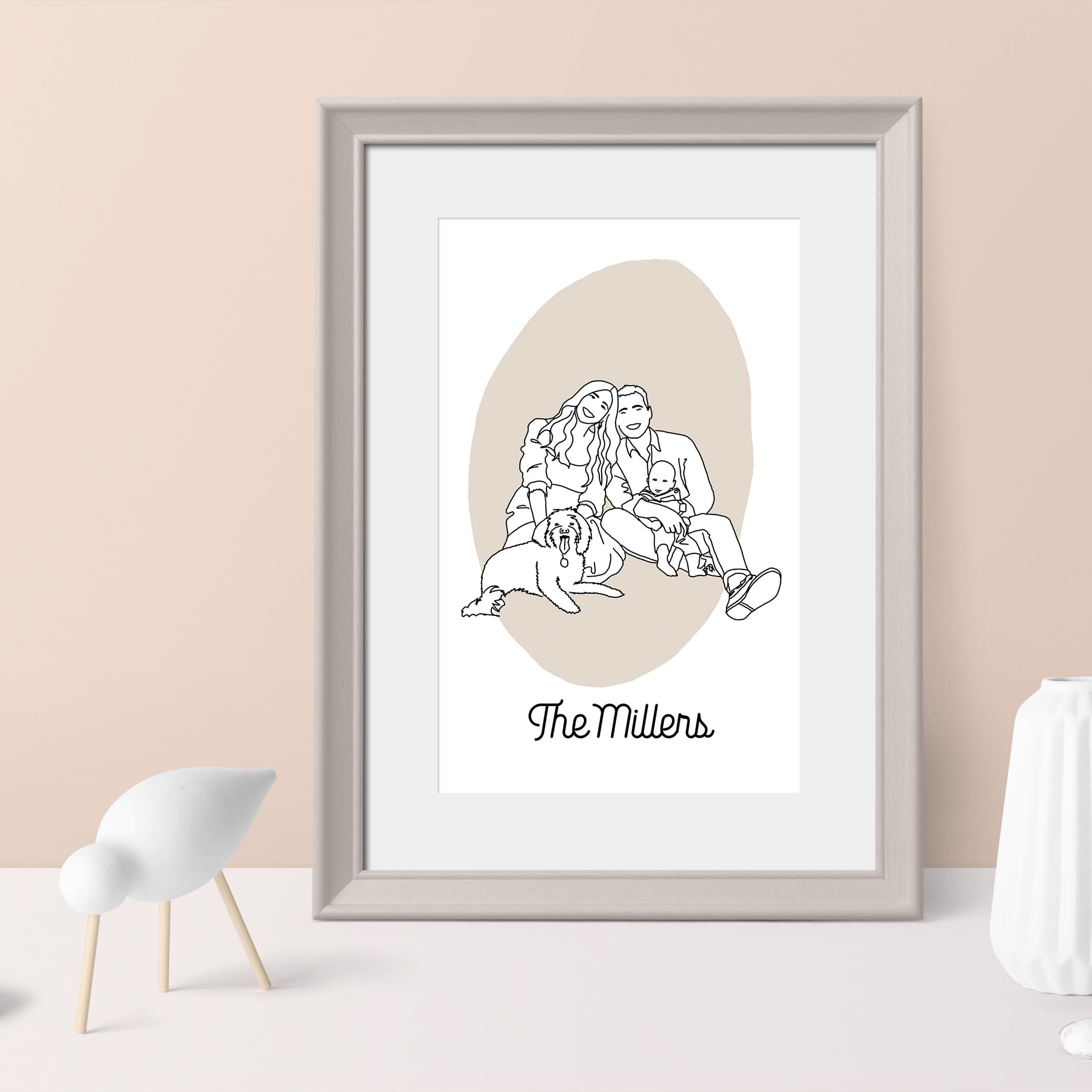 custom family portrait with baby and dog in minimal line art style hand drawn from your photo in digital format