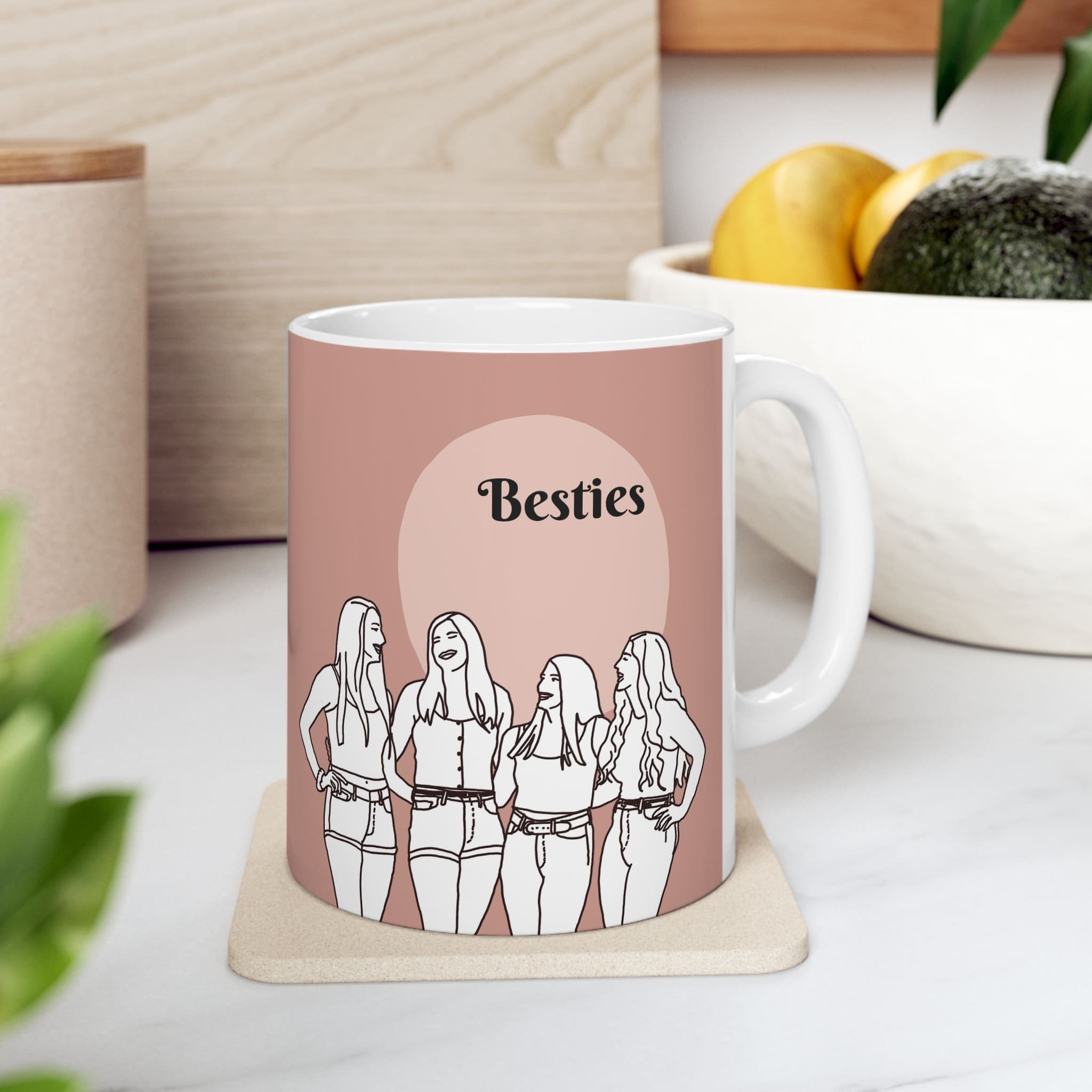besties matching team mugs with their names and custom quote on colorful color blocking back ground fashion style and line portrait illustration from photo