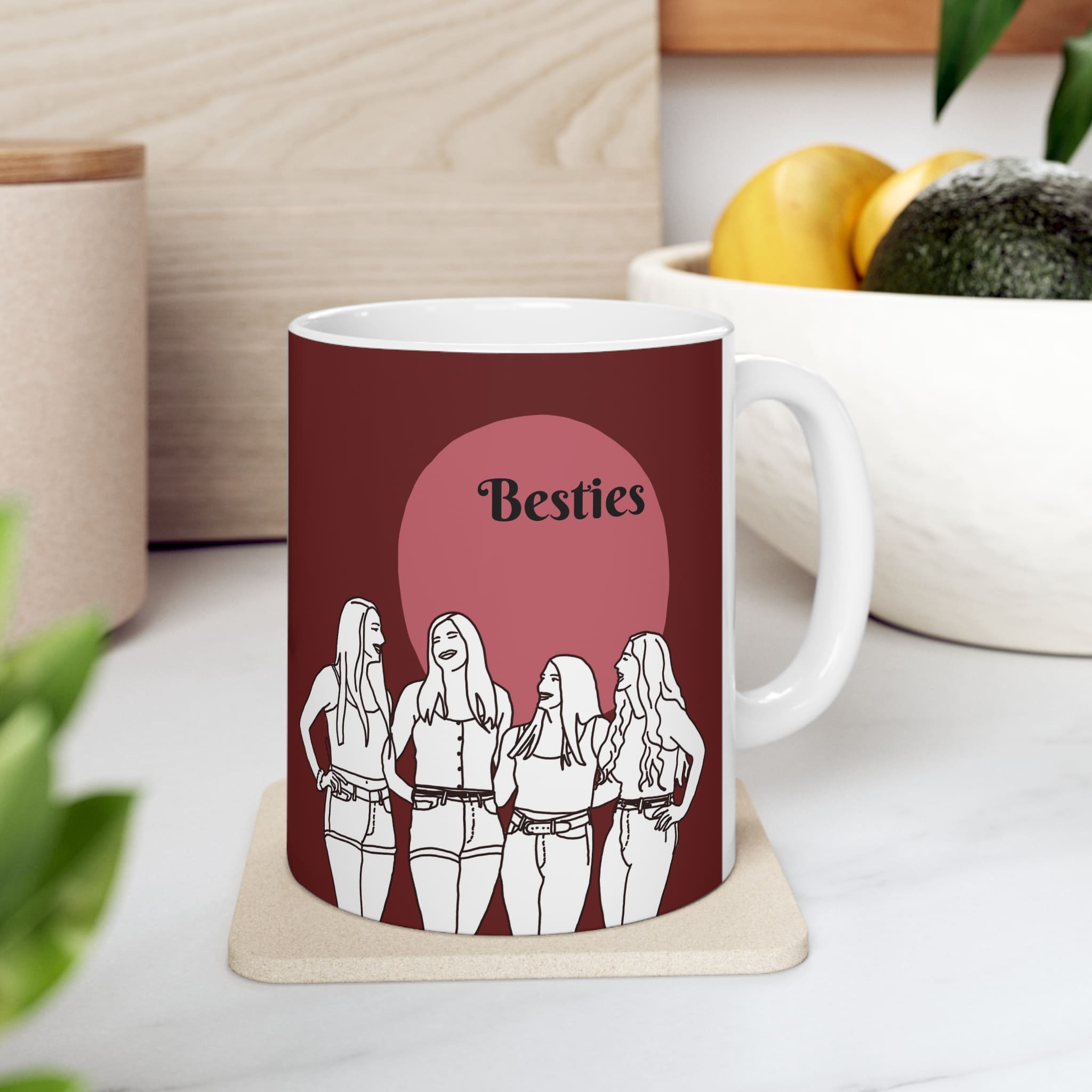 matching besties mug with custom portrait illustration from photo in fashion color blocking design stylish and cute 