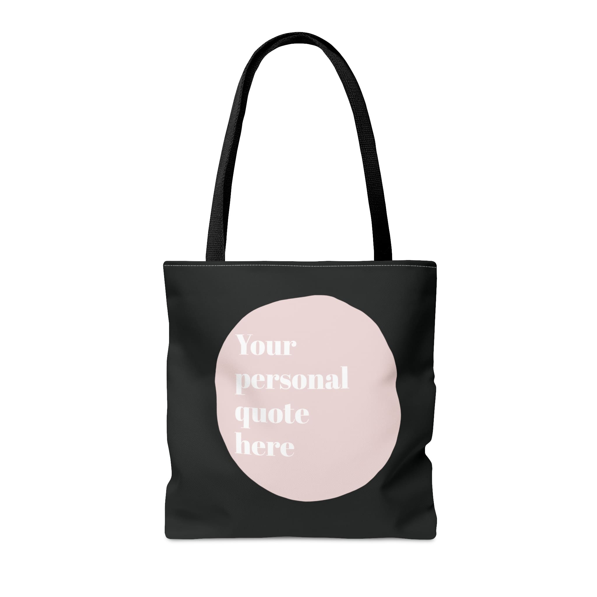 fashionable custom tote bags in color blocking black and light pink shapes and personal quote on the back side