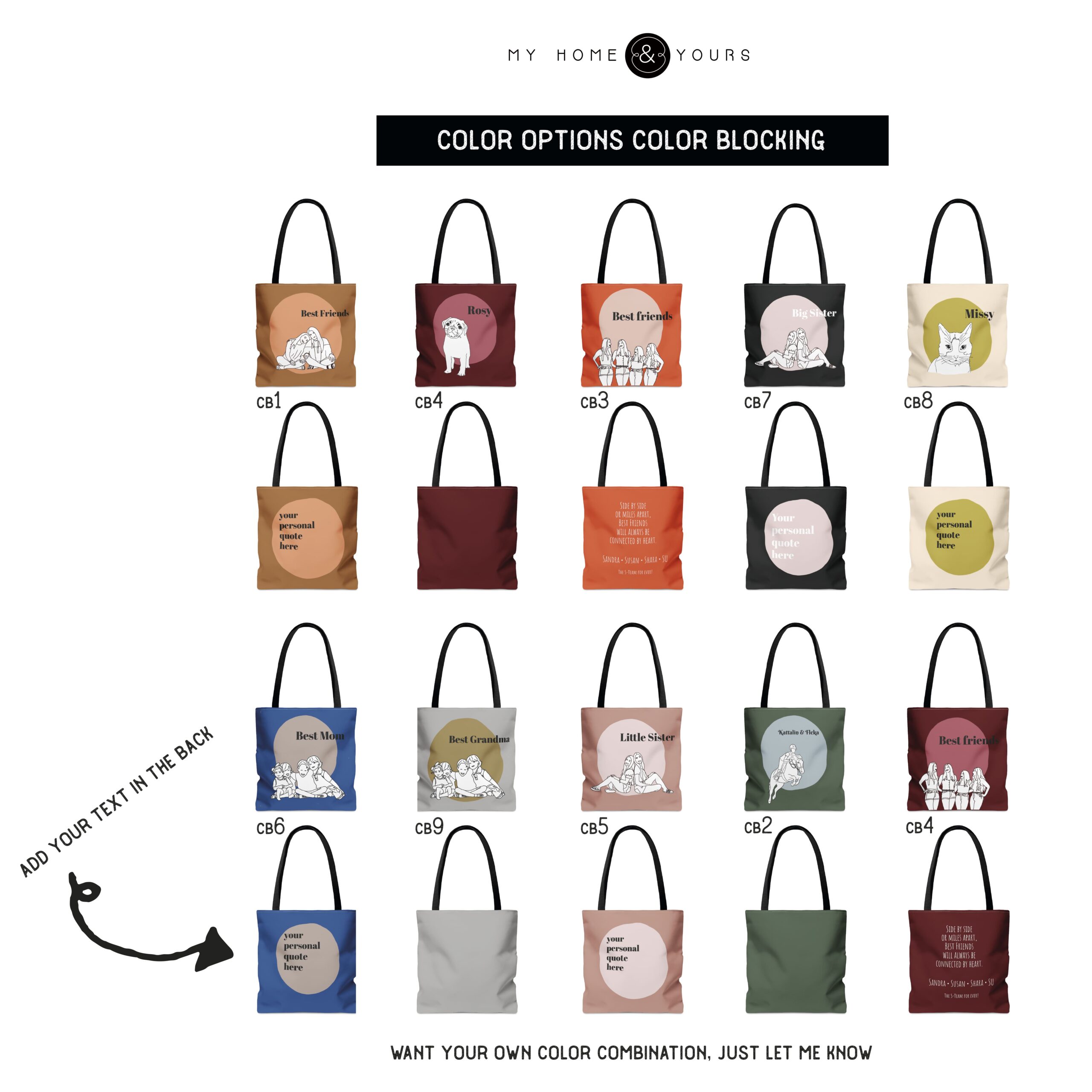 colorful custom line portrait tote bags with custom quote color blocking