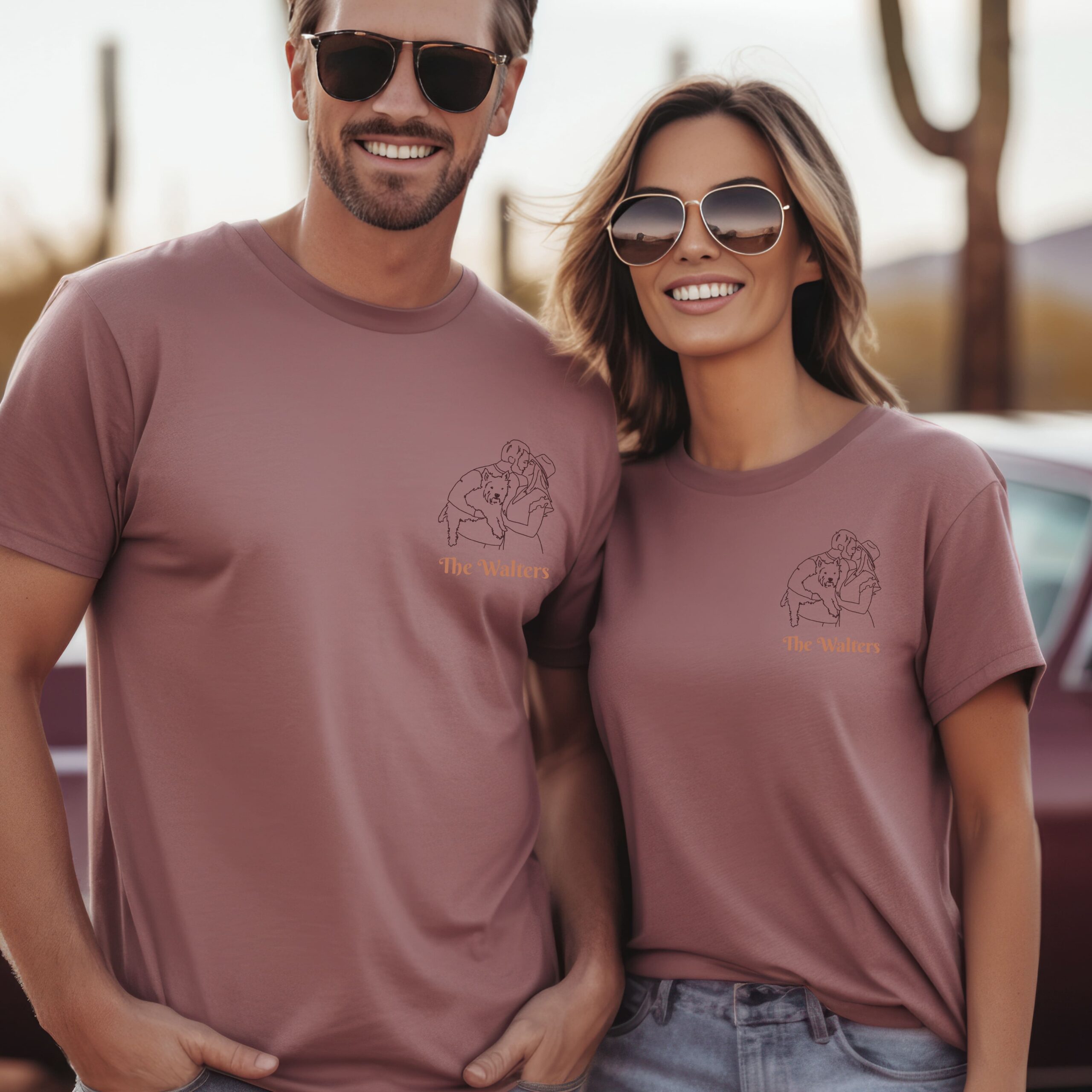 couple and dog portrait T-shirts hand drawn line art customized and unique for you