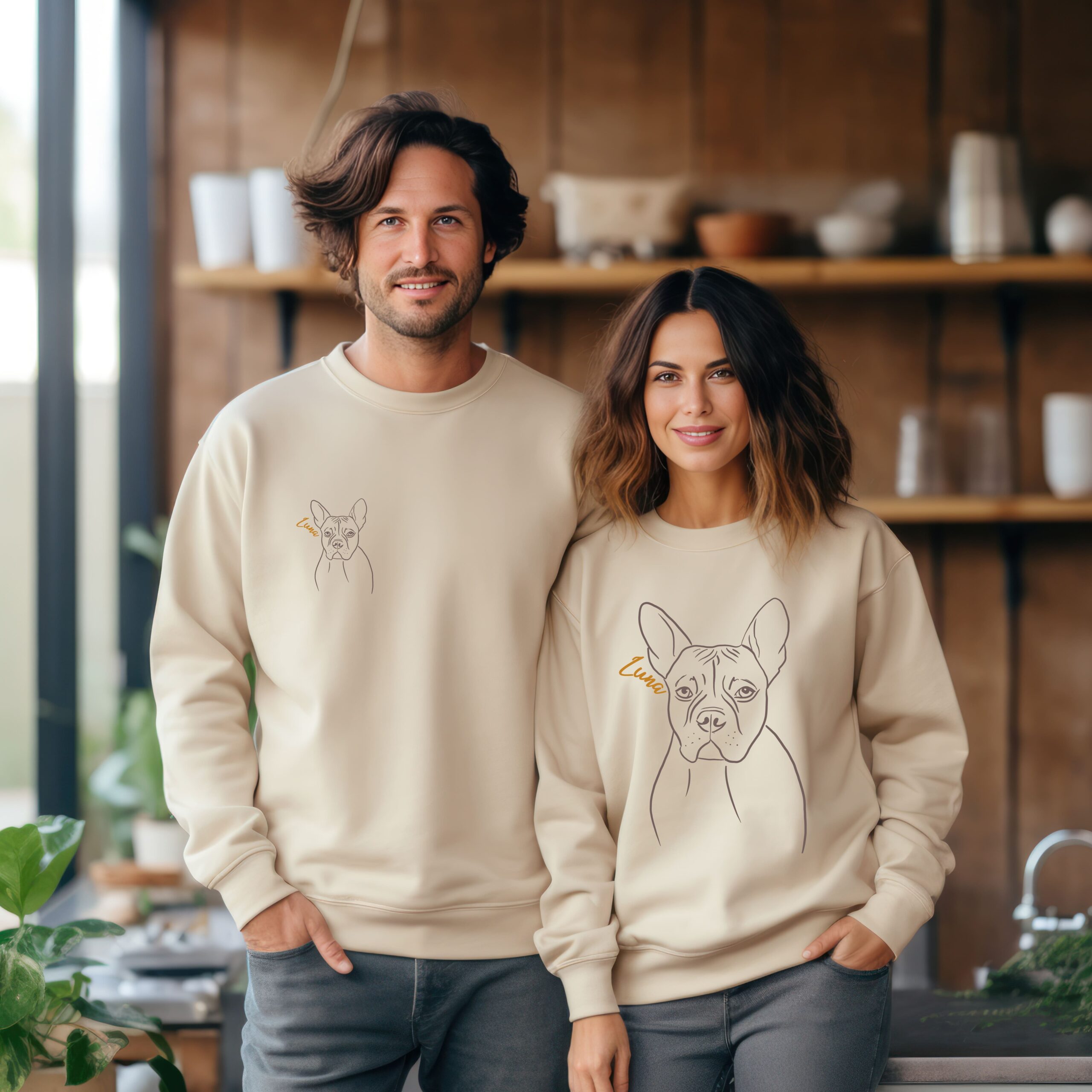 matching partner look sweatshirts with line portrait of your dog 