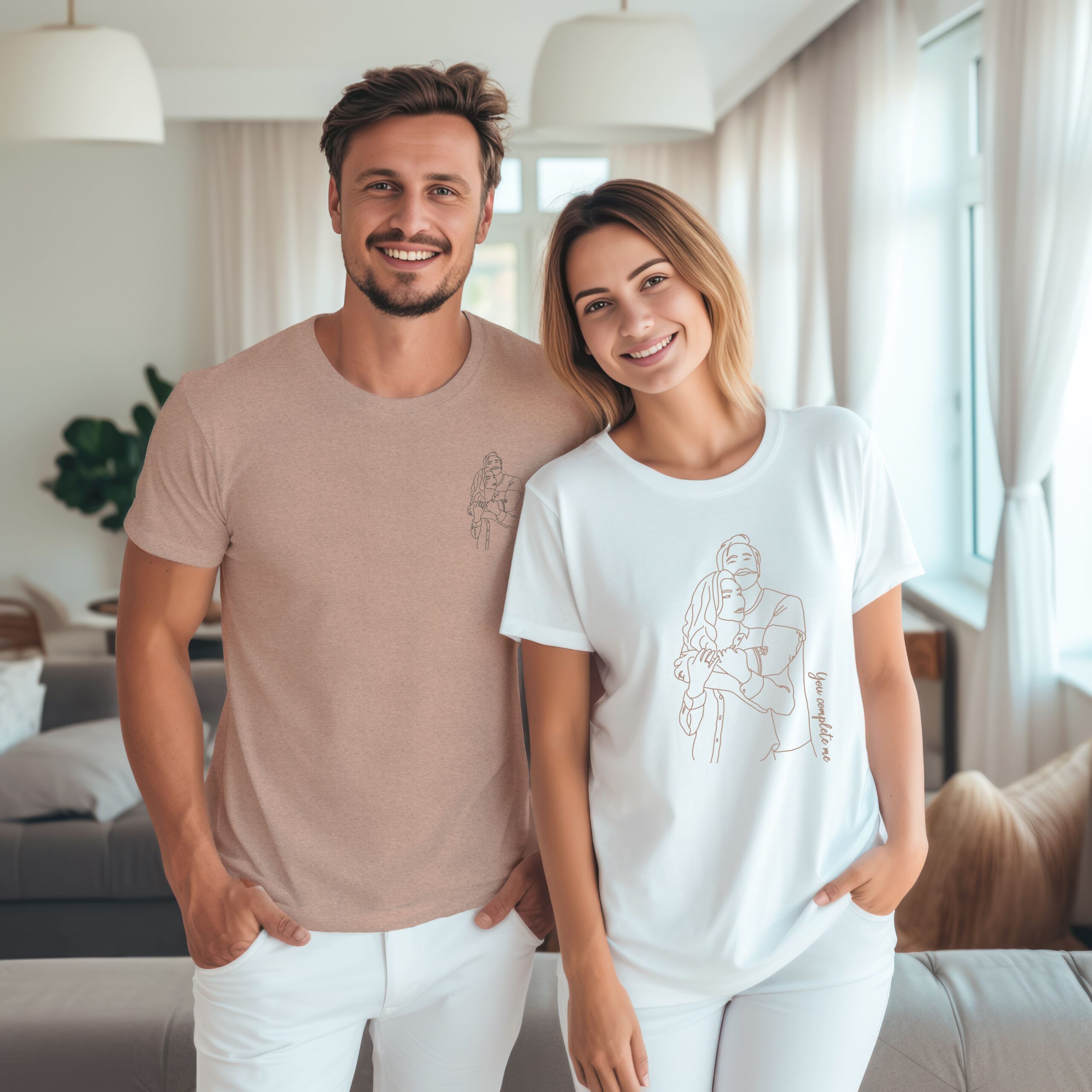 couple in mix matching Tshirts with same line art portrait illustration printed on them