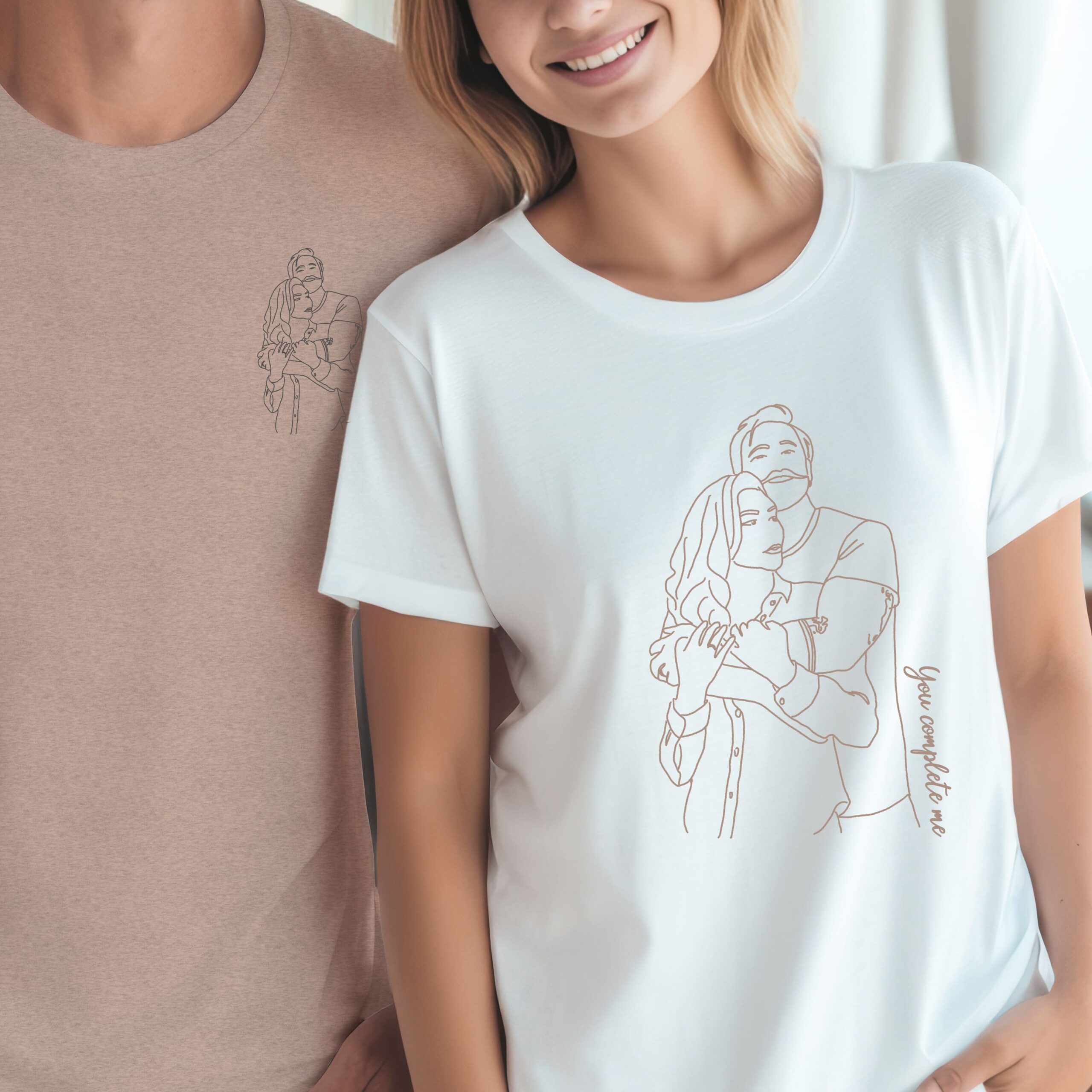 custom matching line art illustration T shirts for couples