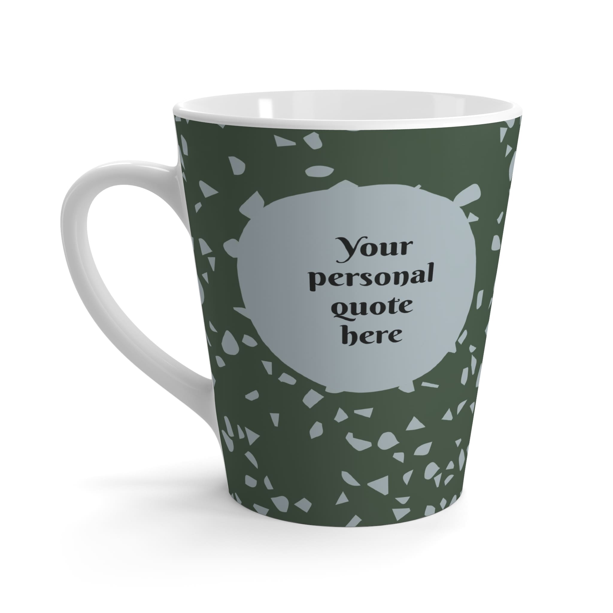 custom quote on designer terrazzo patterned mug in block colors