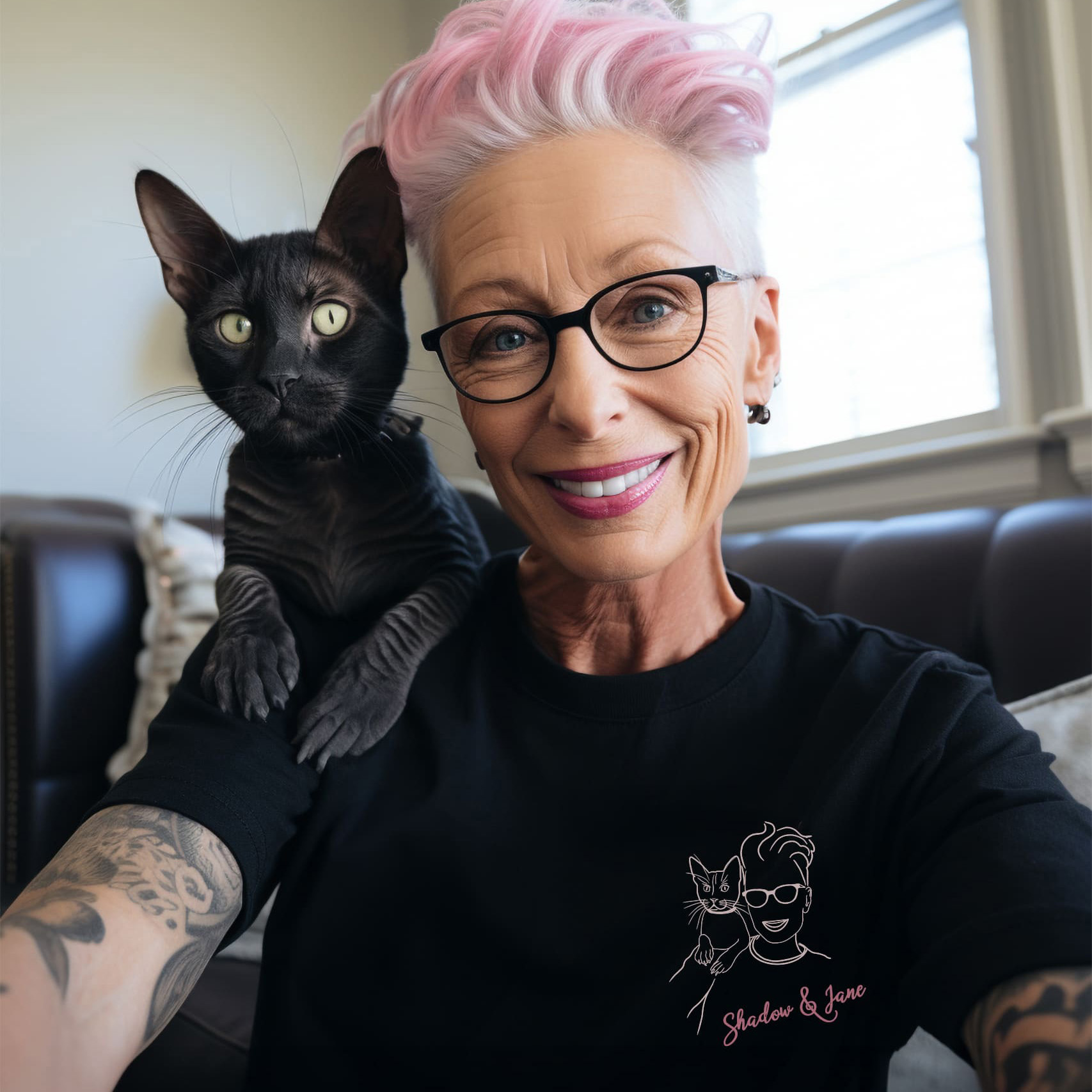 custom Tshirt for cat moms with portrait of her and her cat plus their names