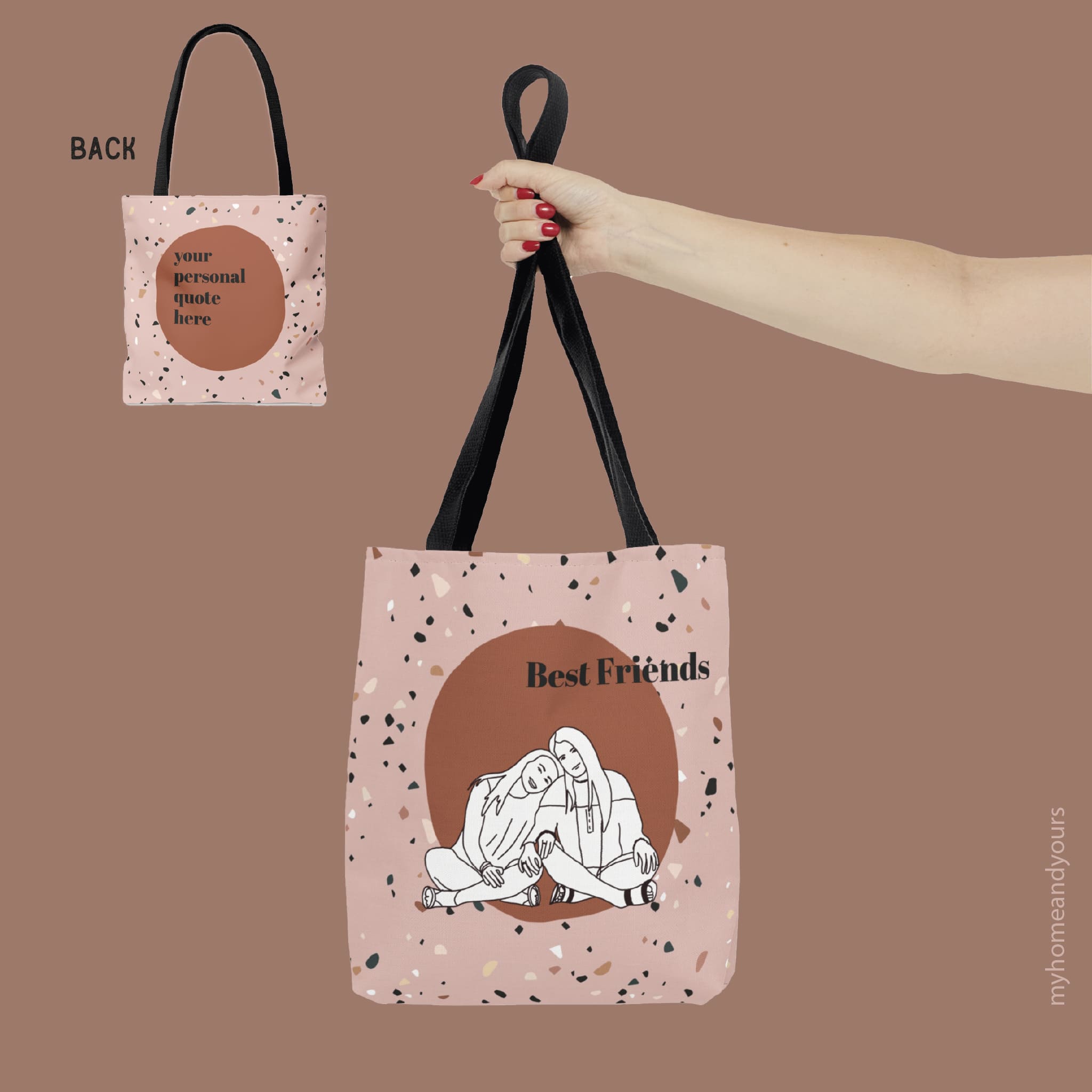 custom best friend bags with line art portrait illustration from your photo on fashionable and color full terrazzo patterned back ground and color blocking designs
