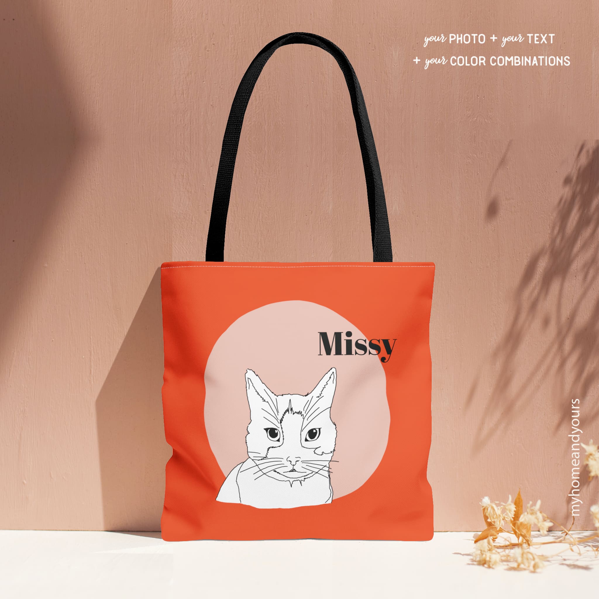 custom cat portrait tote bag in line art illustration on color blocking background