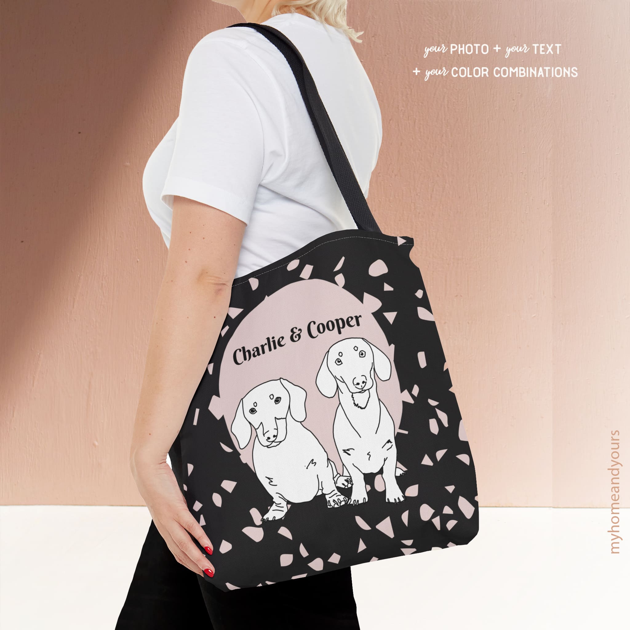 custom dog line art portrait illustration tote bag with fashionable colorblocking terrazzoo pattern back ground for dog moms and pet parents