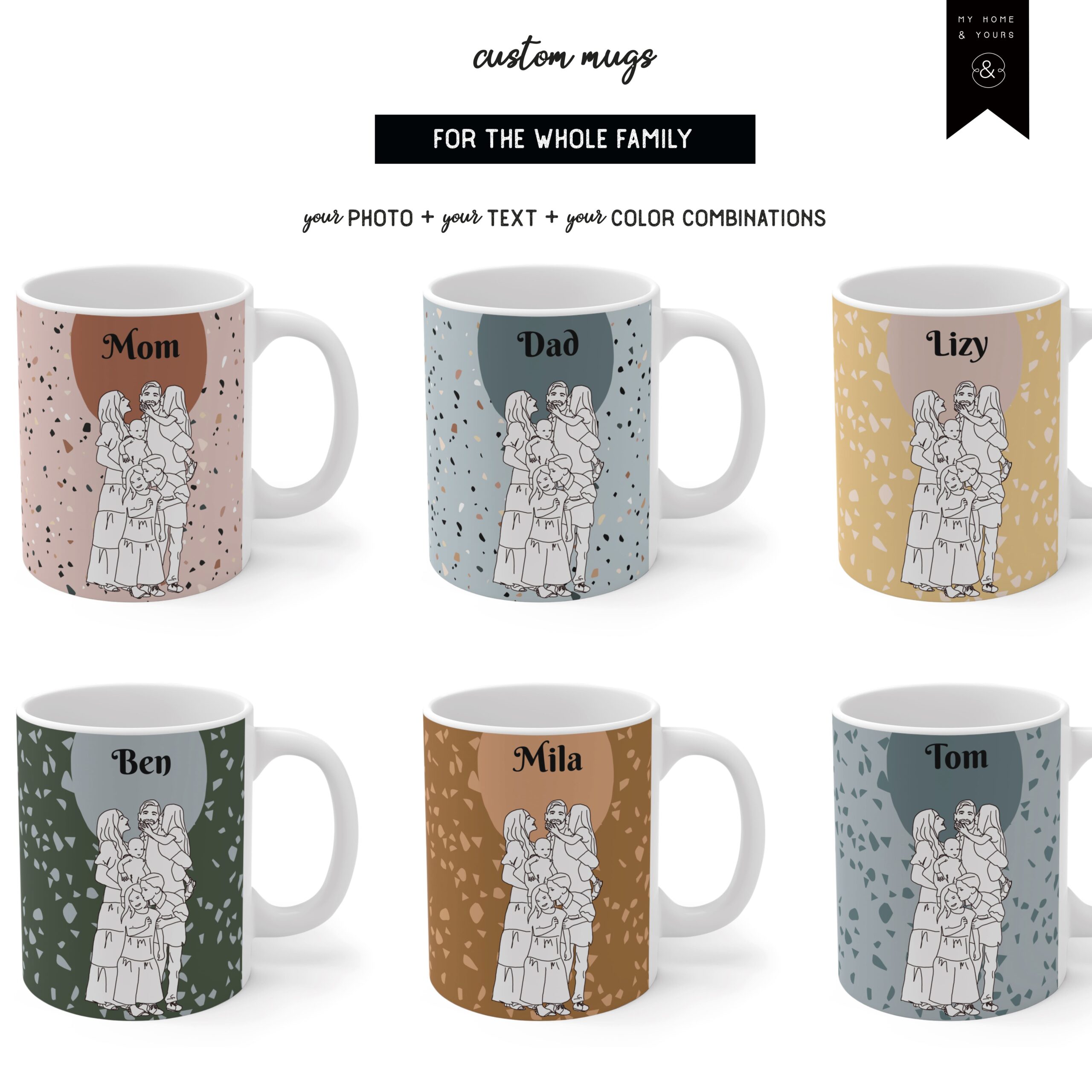 custom family mugs with line art portrait of the whole family on colorful terrazzo patterned ceramic mug premium quality