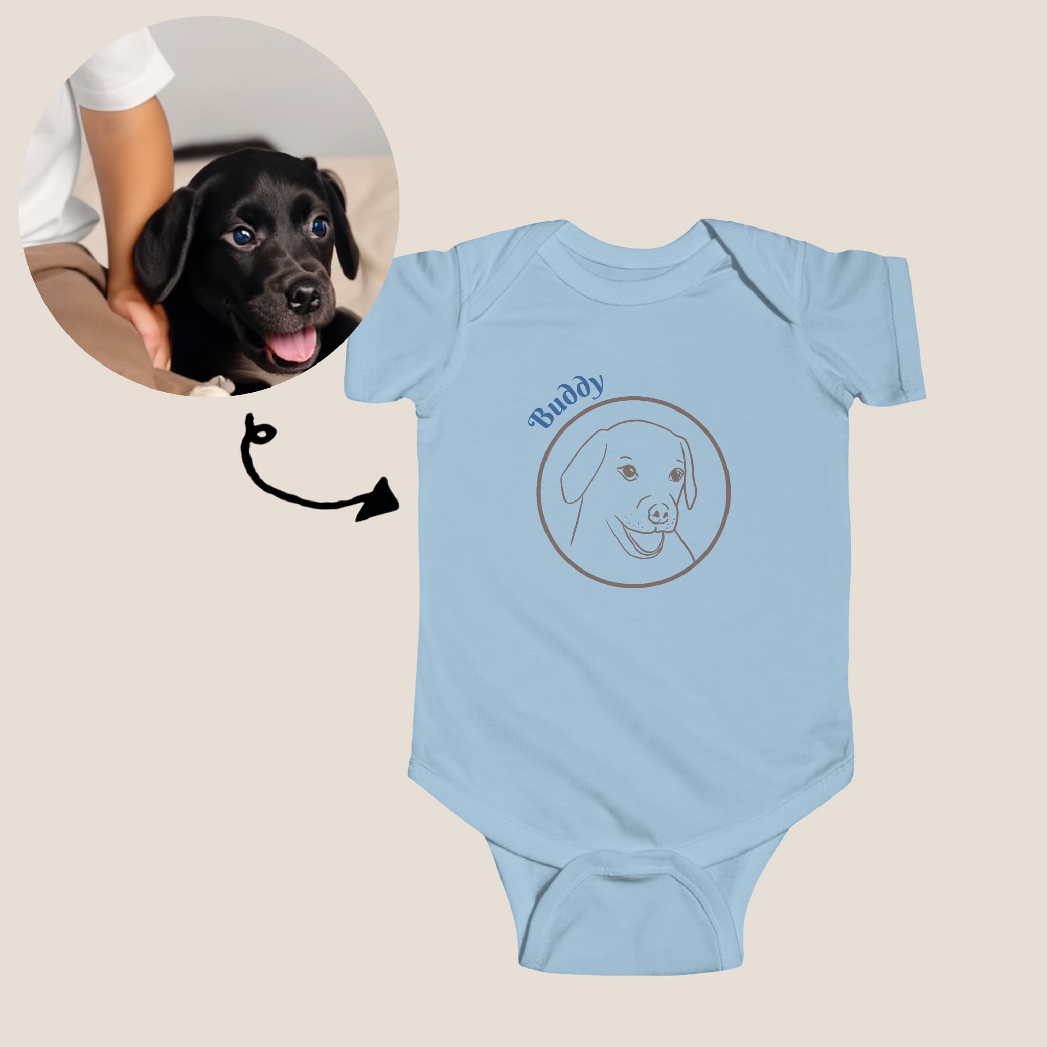 custom light blue baby body with hand drawn illustration of your pet from photo