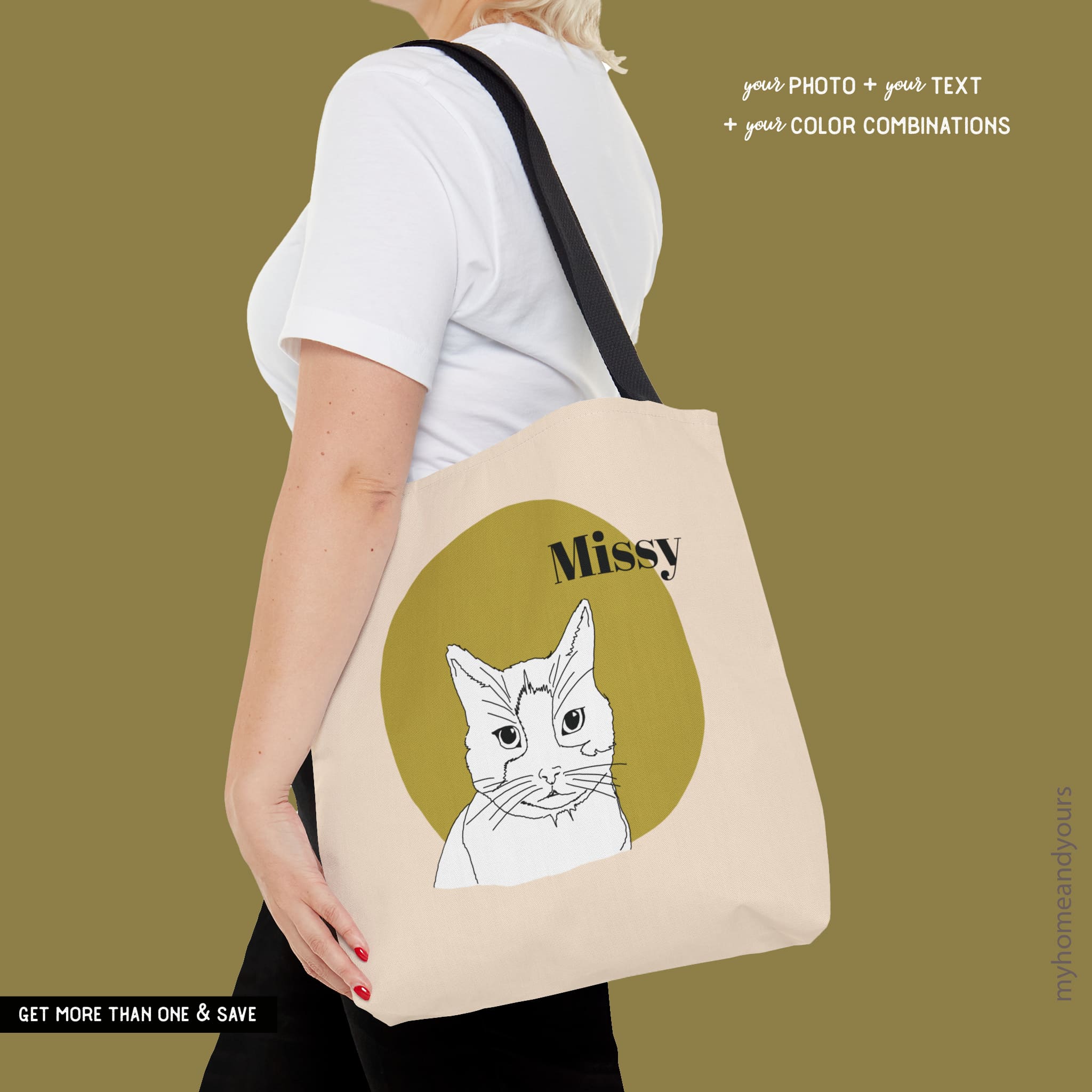 custom line art portrait illustration tote bag of your photo from your cat or pet with their name and personal quote on the back the ideal gift for pet parents and cat moms
